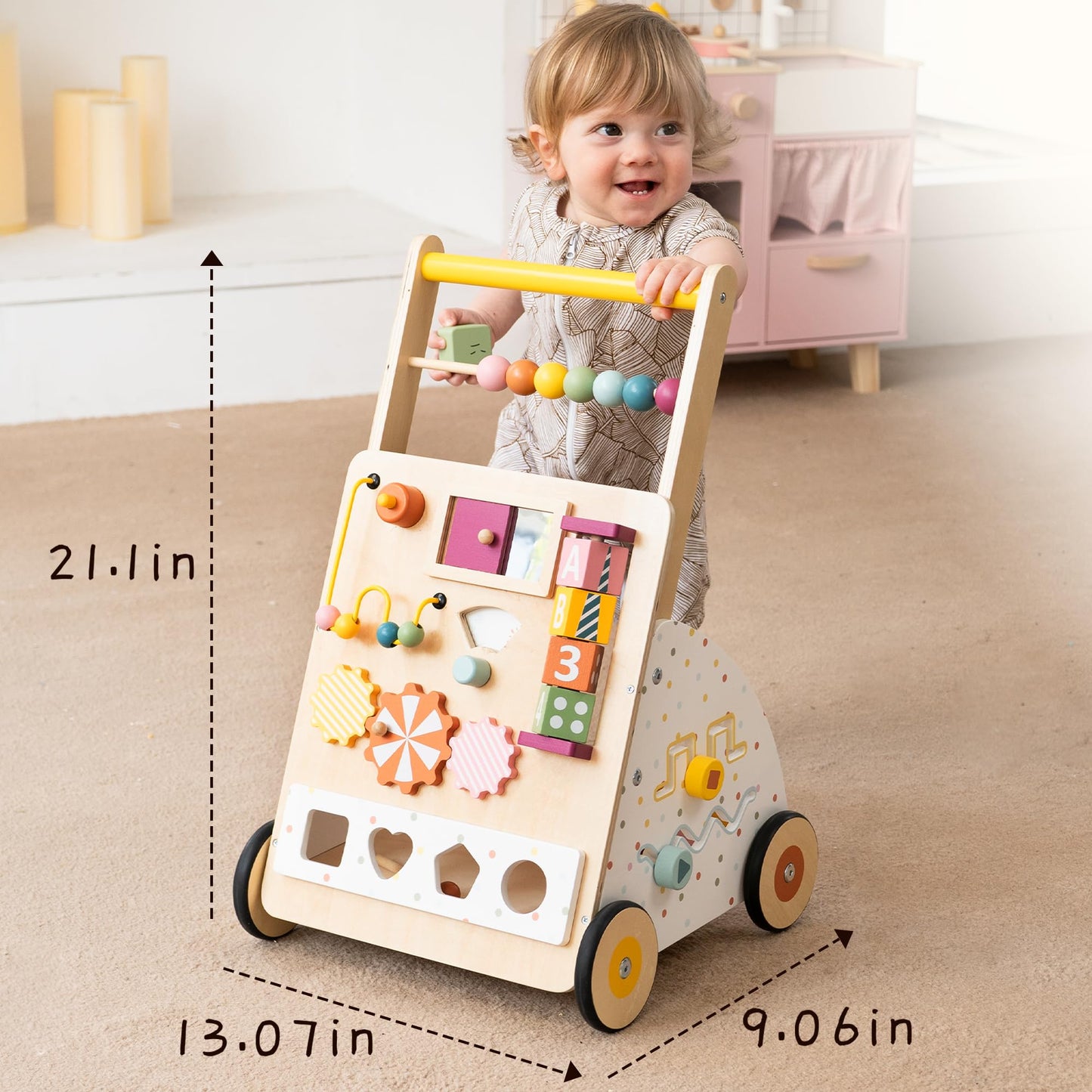 Wooden Baby Walker with Activity Center – Montessori Push Walker Toys for Boys & Girls 18 Months+ – Educational Toddler Learning Walker with 10-in-1 Sensory Games
