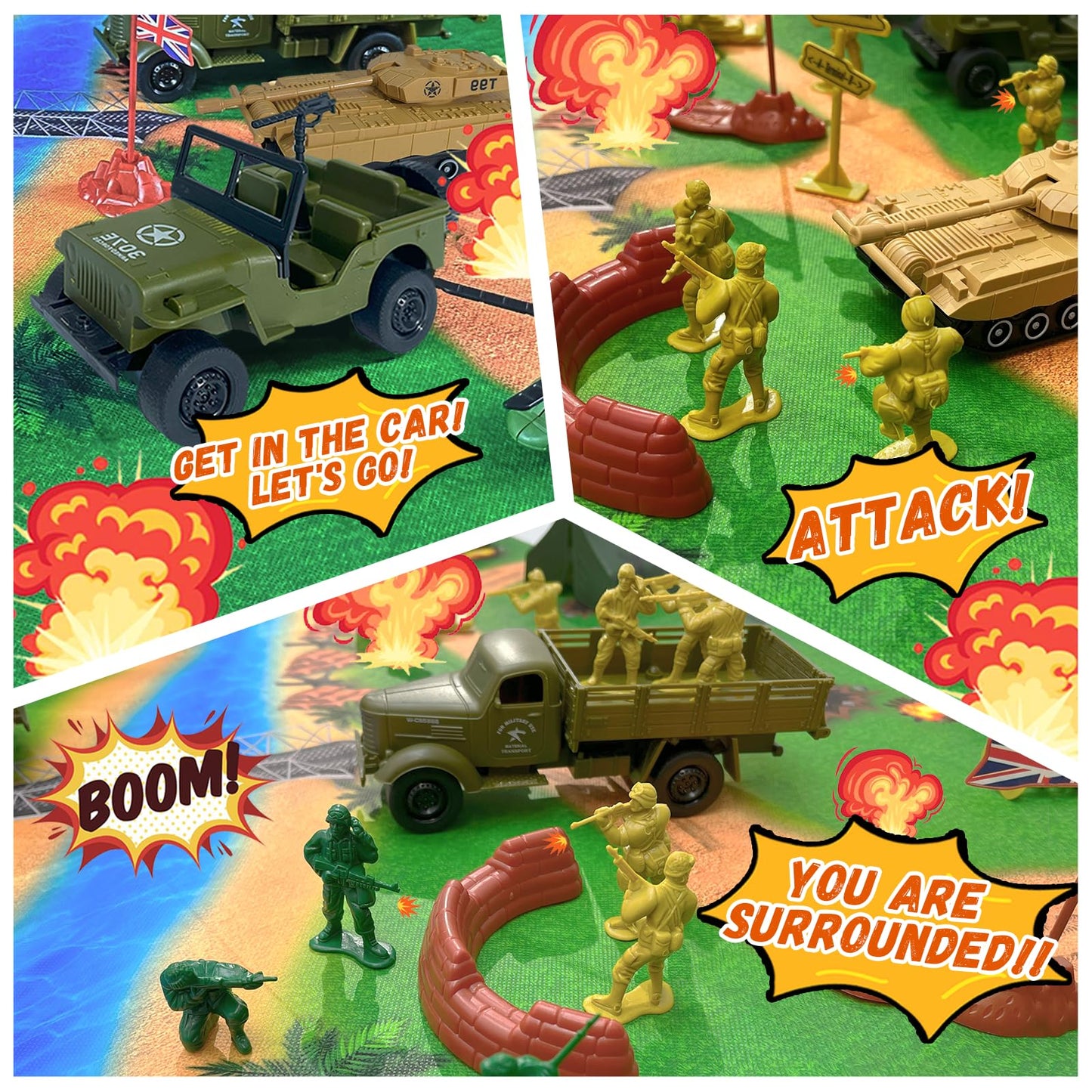 TALGIC Army Men Toys Large Battle Playset-Set Includes Army Men Action Figures, Military Battle Mat, Tanks, Helicopters, Jeep, Ambulance, Trucks, Cannon, Tents (120 PCS)