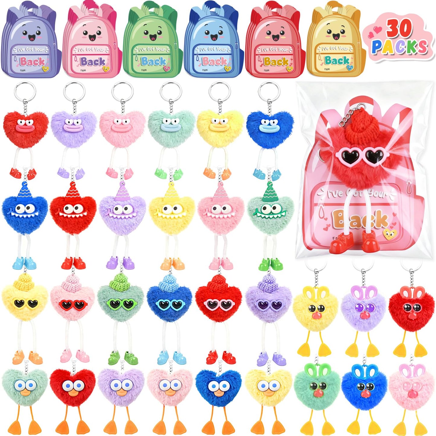 MOVINPE 30 Pack Kids Keychains Easter Egg Fillers, Fluffy Plush Keychains with Gift Cards & Bags, Bulk Classroom Goodie Bags Pinata Toys Classroom Prizes Elementary Carnival Prizes in Bulk