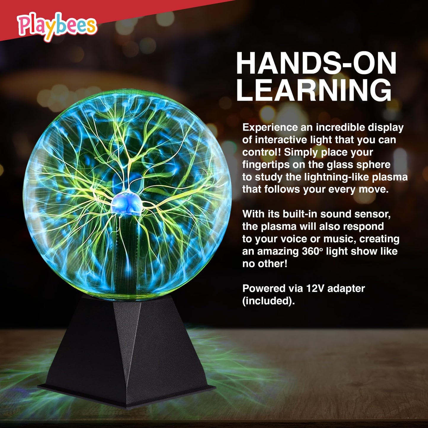 Playbees Green Plasma Ball - 7 Inch - Tesla Coil Bulb Static Electricity in a Vacuum Pressurized Glass Globe, Nebula Thunder Lightning, Plug-in - for Parties, Decorations, Prop, STEM