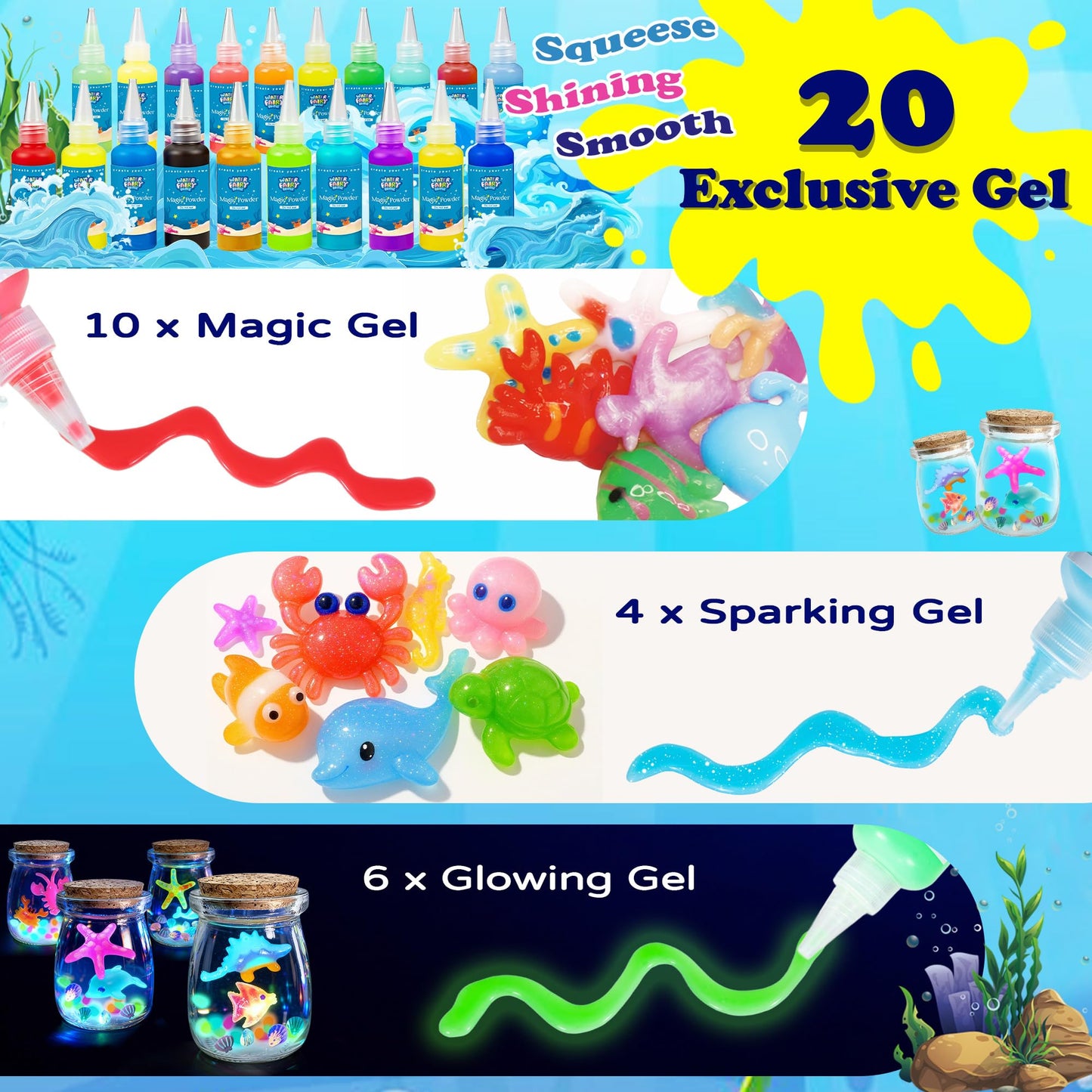 Craft Spot! 116PCS Magic Glow in The Dark Water Fairy Gel Toy, Create 150+ Sea Animals with 18 Molds & 100ml Gels, DIY Sensory STEM Science Kit, Creative Christmas Birthday Gift for Kids Girls & Boys