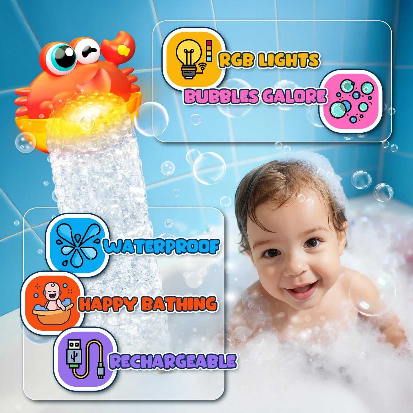 Bath Toys for Kids Ages 1-3,Light Up Baby Bath Toys Crab Bubble Maker with Colourful Light Toddler Bathtub Birthday Gifts Easter Stocking Stuffers for Boys Girls Aged 1-3 2-4 3-5