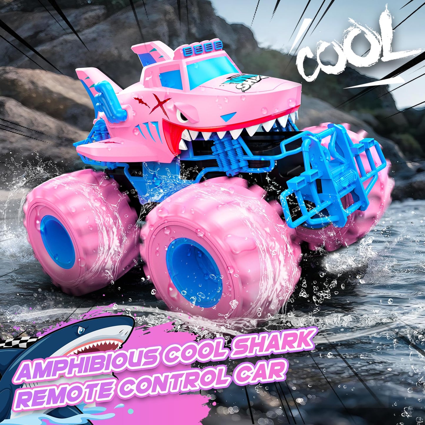 Salazaza Waterproof Shark Remote Control Car, 1:16 Amphibious RC Cars 4WD All Terrain Off Road Monster Trucks Toys, RC Truck Toys for Kids 3-5 6-8 8-12 Year Old Girl Birthday Gift, Pink
