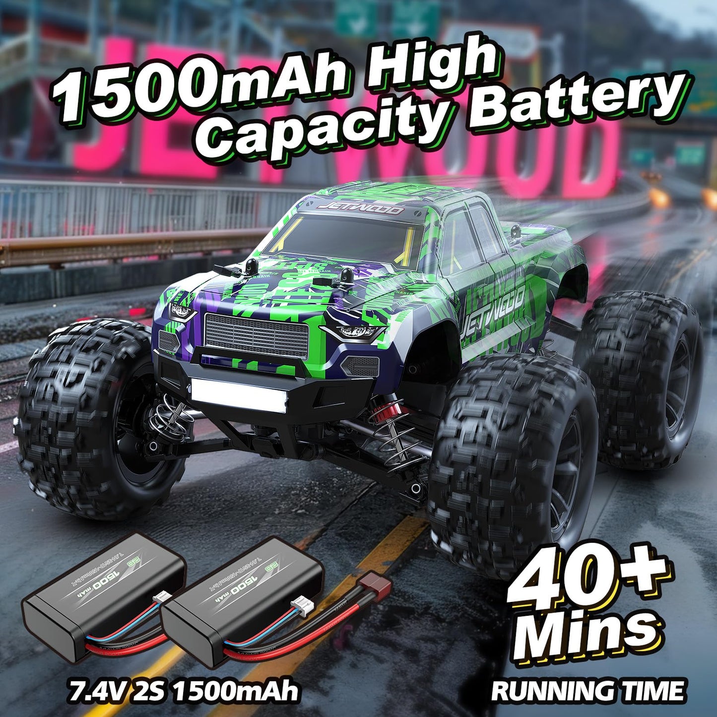 Jetwood 1/16 RC Car for Boys and Adults, 38kph 4WD Ready to Run Hobby RC Truck with 2 Batteries, Off Road Remote Control Monster Truck Gifts for Kids, JC16W