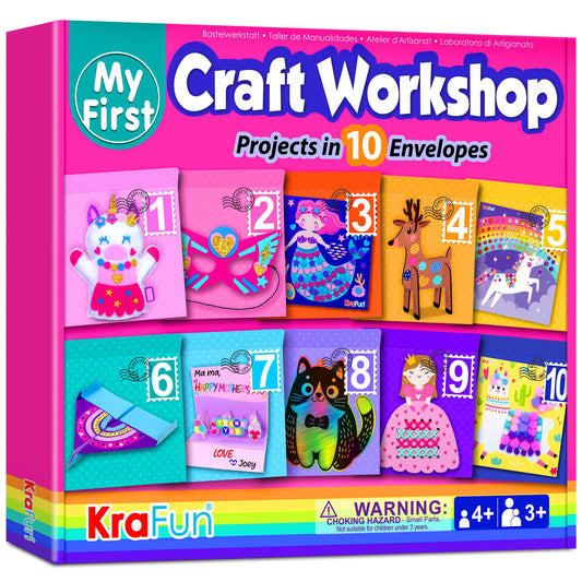 KRAFUN My First Craft Workshop Art and Craft Kit for Kids - Projects in 10 Envelopes, Unicorn, Mermaid, Princess & Llama Crafts, Creative Educational Activities Girls Toddlers Ages 3 4 5+