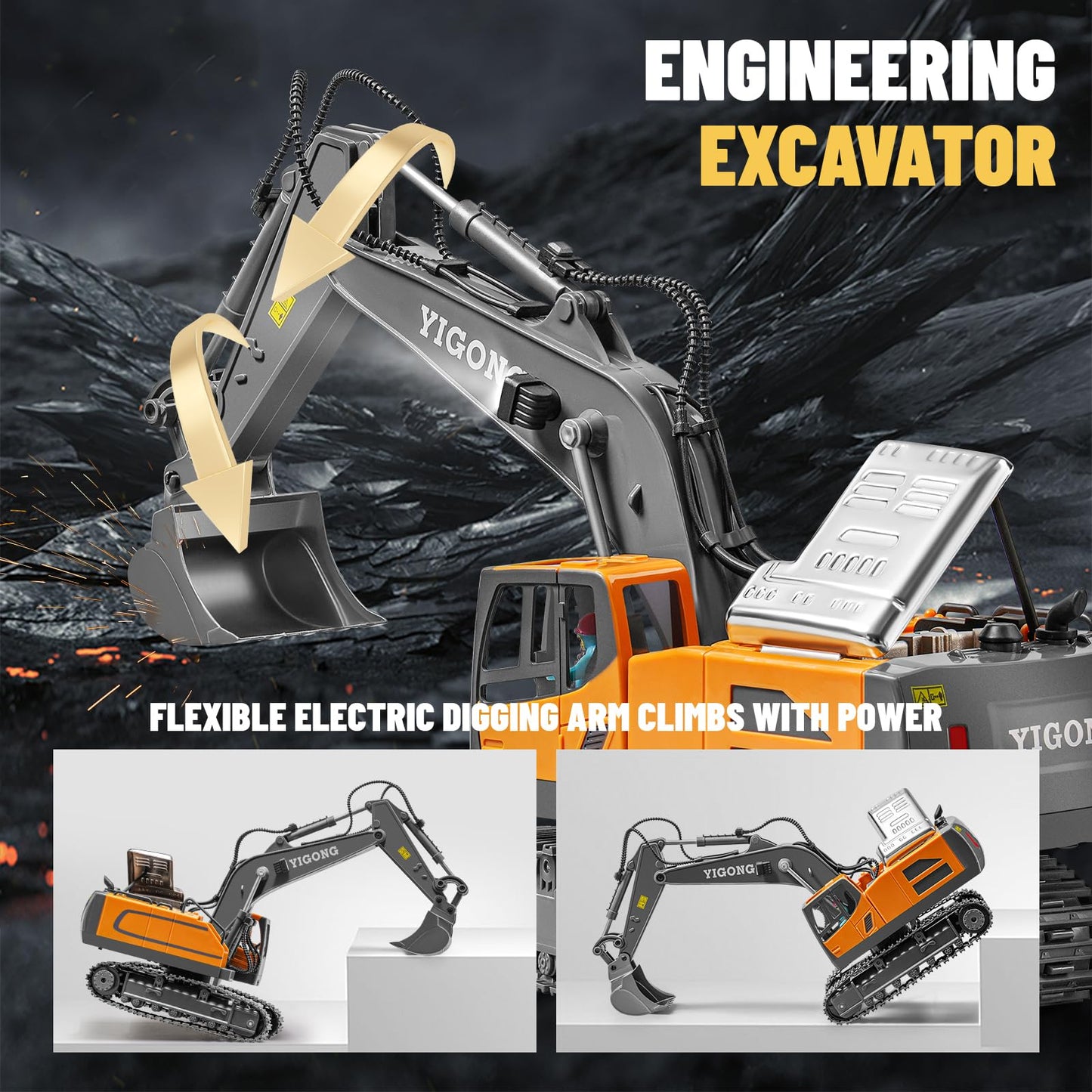 SJYN Remote Control Excavator Toy, 11 Channel RC Construction Digger with Metal Shovel, Lights & Sounds, 2.4GHz Rechargeable All-Terrain Excavator for Kids 3-14, Perfect for Sand, Dirt & Outdoor Play
