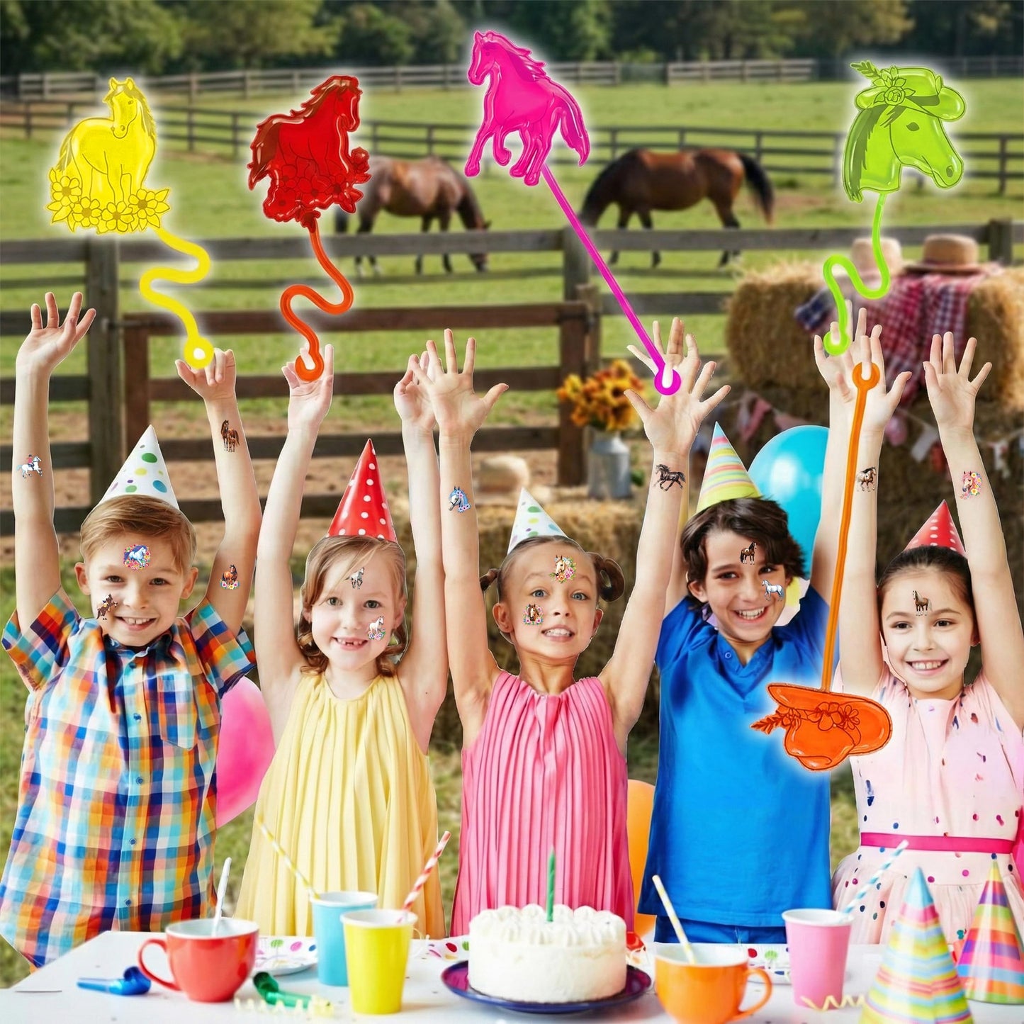 48PCS Horse Party Favors - 24PCS Temporary Tattoos & 24PCS Stick Hands Party - Perfect Birthday Party Supplies, Goodie Bag Stuffers, Treasure Box Toys, Classroom Prizes, and Student Gifts