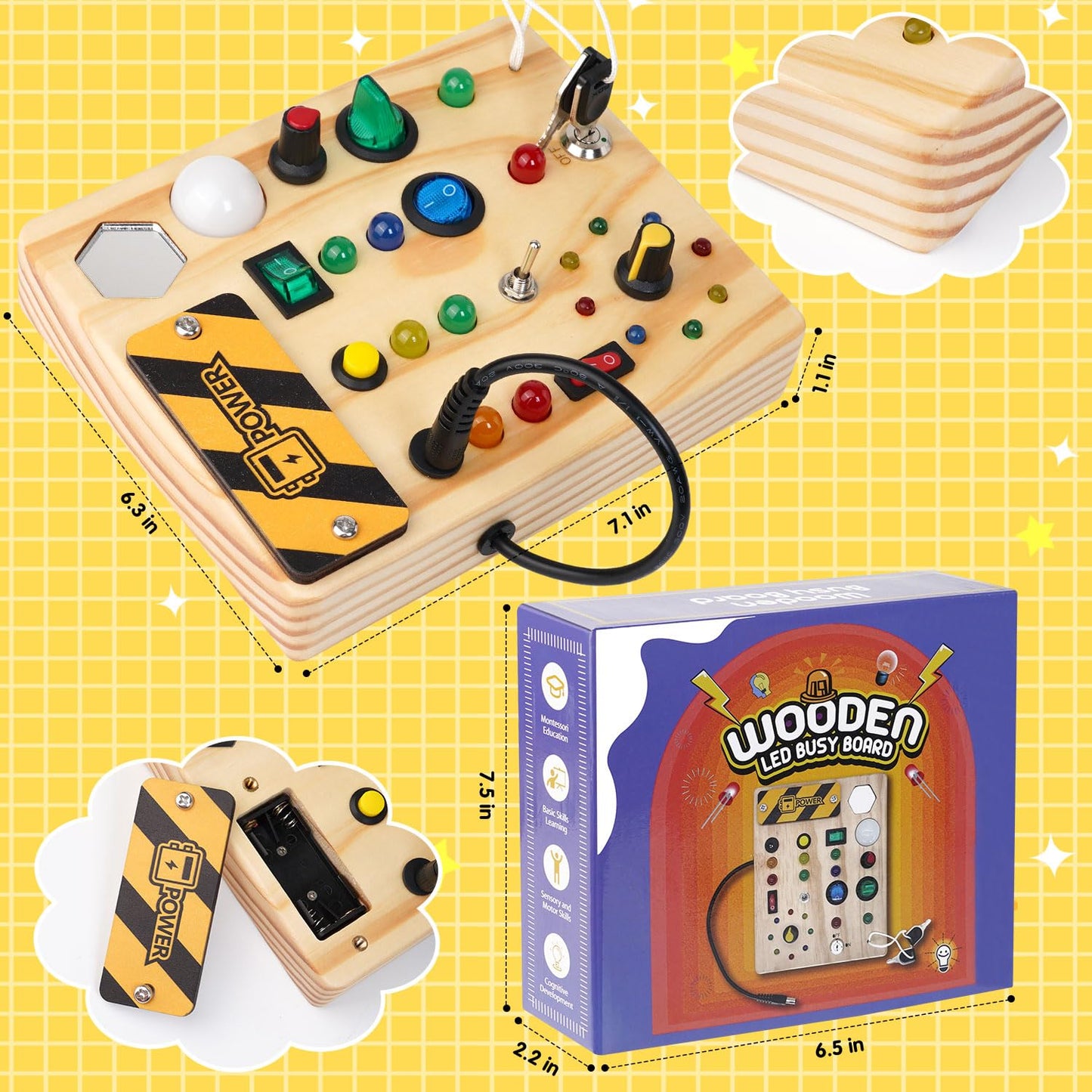 Sabdrau Montessori Busy Board Toys: Wooden Sensory Toy for Toddler with LED Light Up Switch, Educational/Christmas/Birthday Gifts for 1-3 Year Old Boys & Girls