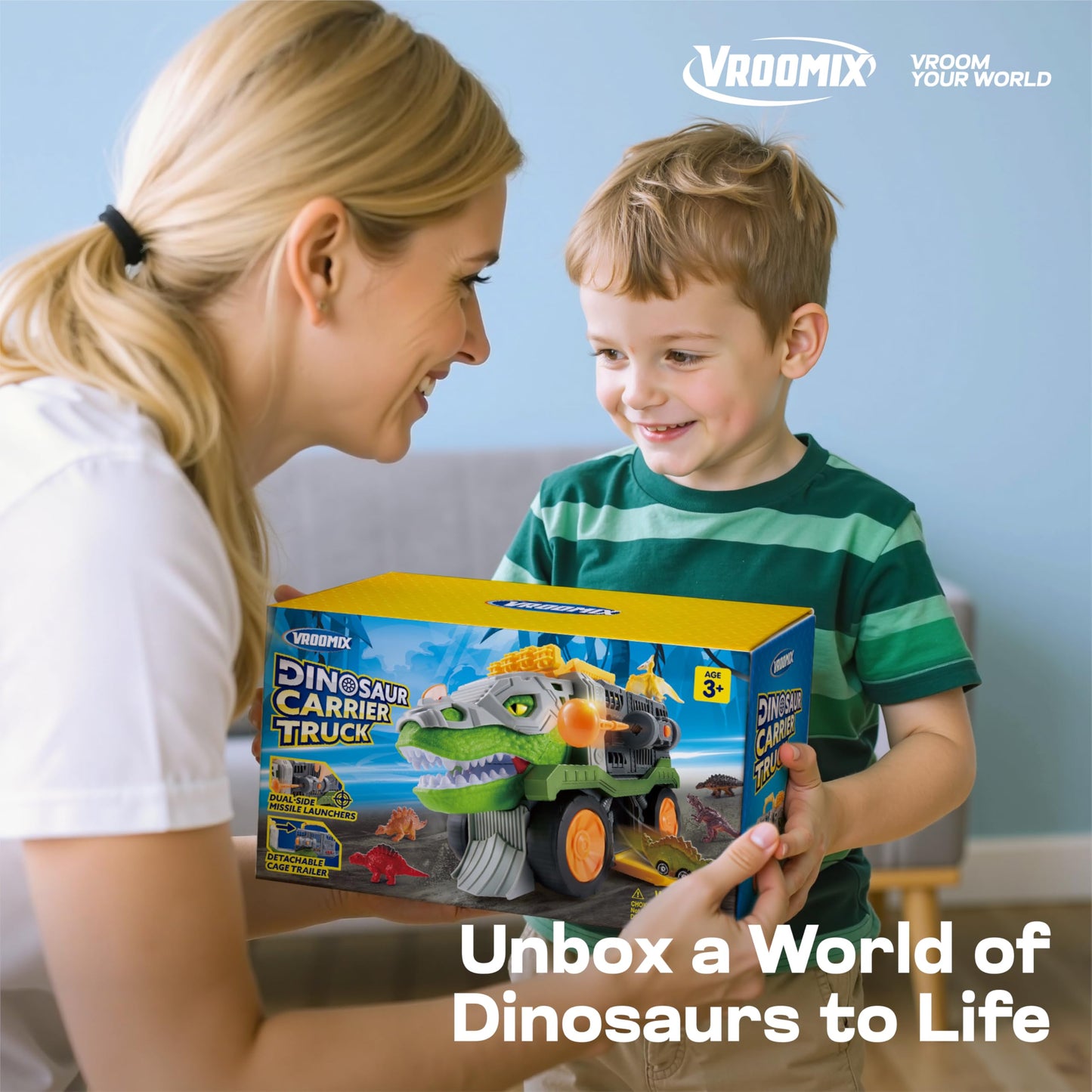 JOVA Vroomix Dinosaur Toys for Kids 3-5, Dinosaur Carrier Truck with 2 Pcs Cars and 6 Pcs Figures for Toddlers, T.Rex Truck with Launcher and Darts, Birthday Gifts Toys for 3 4 5+ Year Old Boy