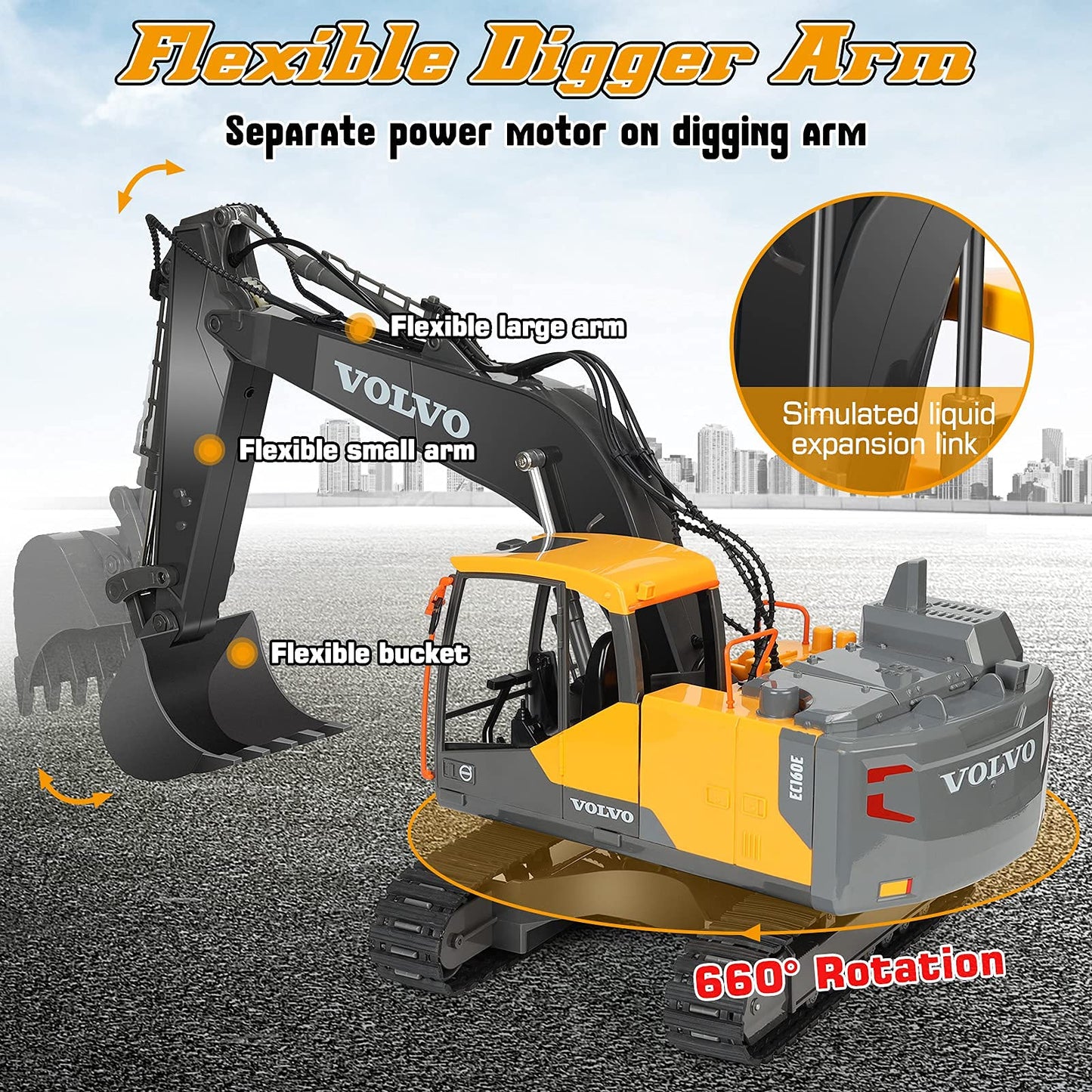 Double E Volvo 1:16 Scale Remote Control Excavator, 17 Channel 3-in-1 Construction Toy with Metal Shovel, Drill, Grab & Lights, 2.4GHz Full Function Digger for Outdoor Sandbox, Gift for Kids & Adults