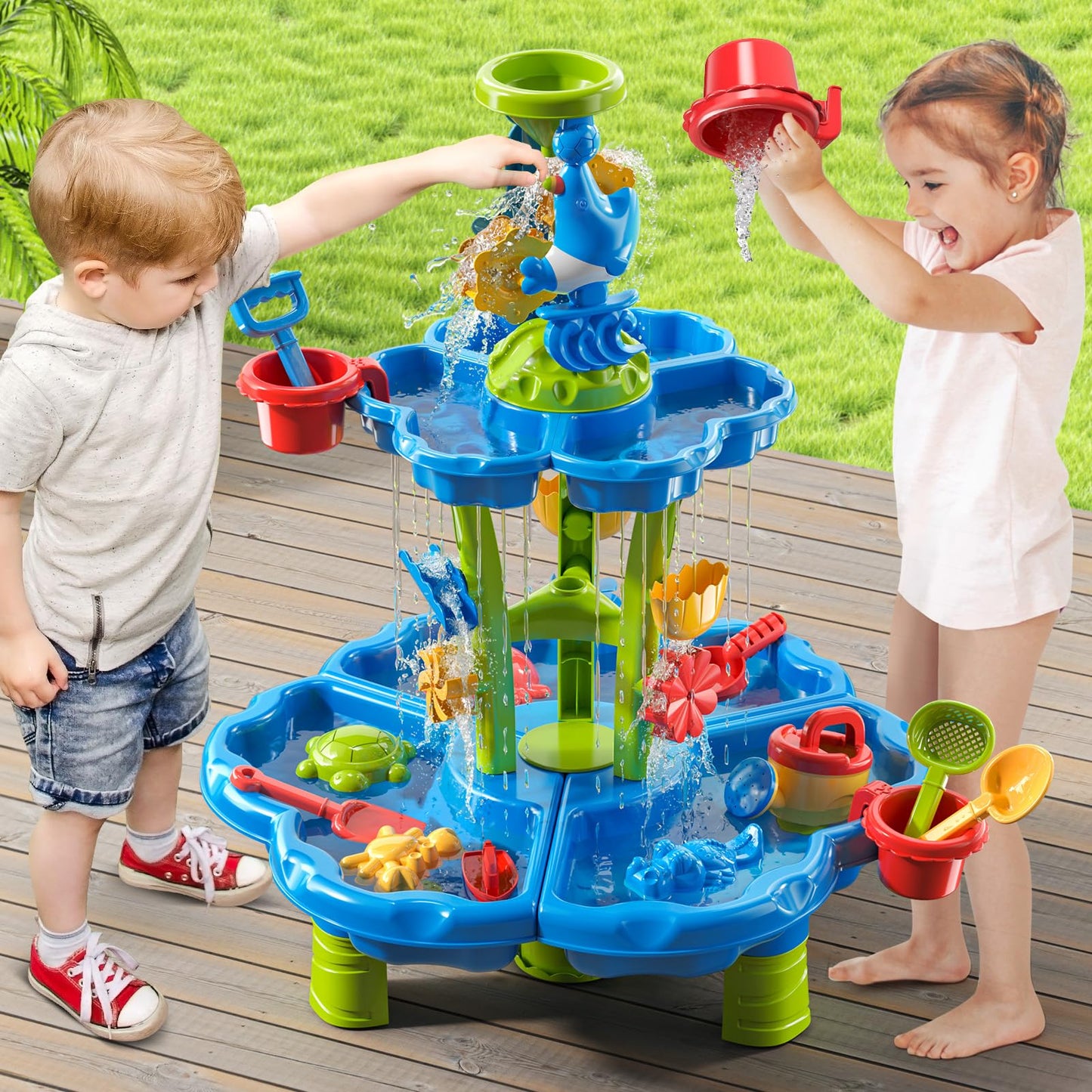 JUKUDAHU 2-Tier Sand and Water Table Toys for Kids Aged 3 4 5 6 7 8, Outdoor Activity Playset Sensory Play Table with Beach Toys Accessories Water Waterfall, Birthday Gifts for Toddlers 3-4 3-5 4-6