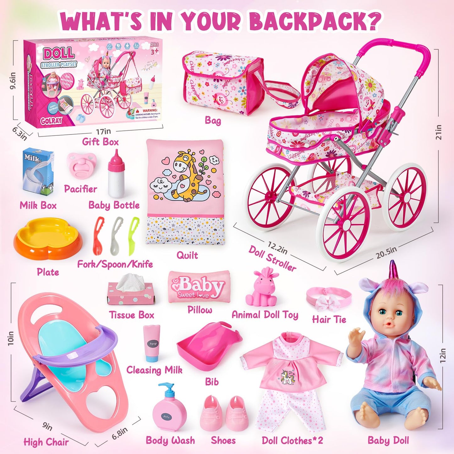 Golray 12 in Baby Doll Toys Set with Stroller for 3 4 5 6 Year Old Girl - 26pcs Babydoll with Accessories Quilt Pillow/Highchair/2 Clothes, Feeding Nursing Pretend Play Toddler Girl Toy Gift 3-5-7