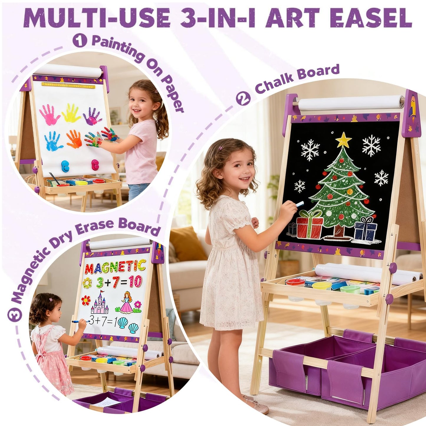 Purple Art Easel for Kids, Kids Art Easel with 3 Paper Roll, Magnetic Whiteboard and Chalkboard,Adjustable Standing Wooden Toddler Easel for Painting Double Sided,3in1 Painting Easel for 2-4 4-8 Gift