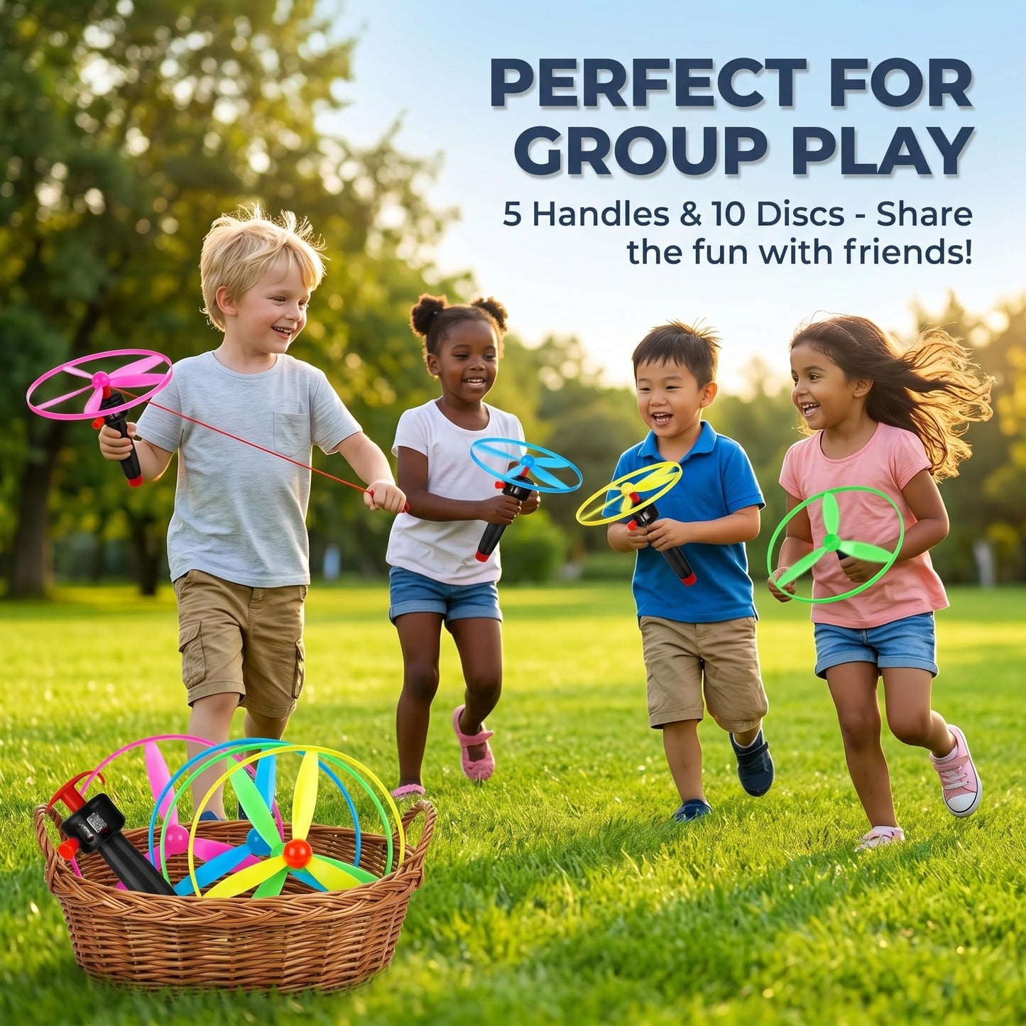 JOINPAYA Flying Disc Launcher Toy - Pull String Flying Disc Set 5 String Launchers and 10 Flying Saucer Disk Launcher, Disk Helicopter for Kids Party Favors and Outdoor Activities
