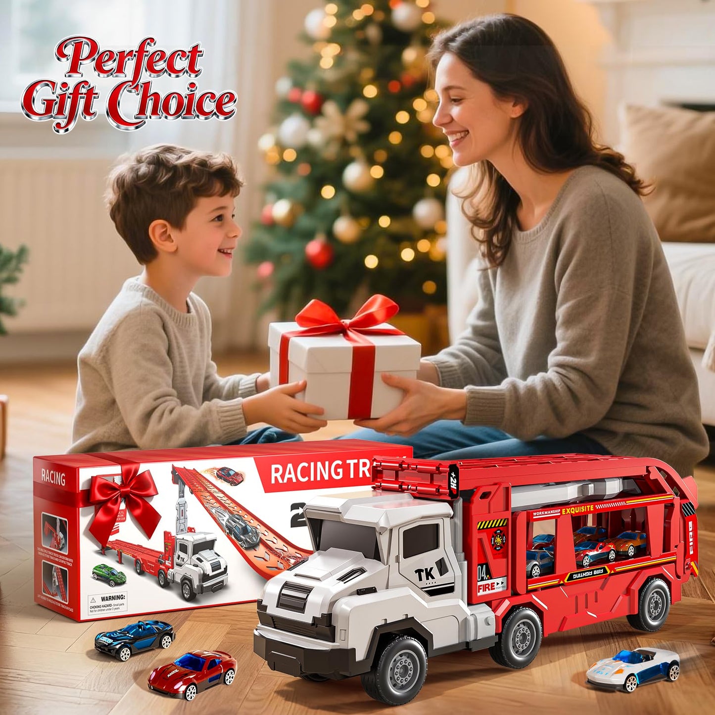Novaluki Truck Toys for Kids, Transport Vehicle with 12 Die-Cast Car, Double Race Car Track Cars Ramp Toy, Carrier Truck for Toddler 3-5, Christmas Birthday Gift for 3 4 5 6 7 8 Years Old Boys Girls
