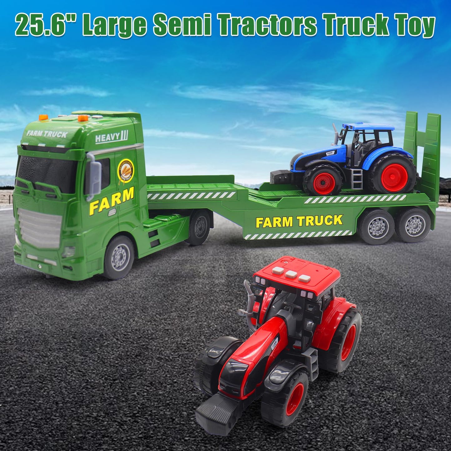 Yiwsnust Large Flatbed Semi Truck, 25.6’’ Large Farm Truck Toy with 2 Tractors, Friction Powered Farm Transport Truck Tractor Toy with Light & Sound, Farm Toys Birthday Gift for Kids Aged 3-8