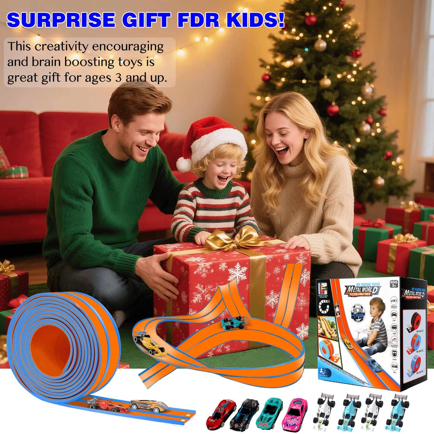 Flexible Car Track for Kids: 15 Ft of Portable Roll-Up DIY Flexible Race Track with 8 Cars & 4 Strong Suction Cups Car Ramp Toy Track, – A Great Birthday for Boys & Girls Ages 3+ (Orange-Blue)