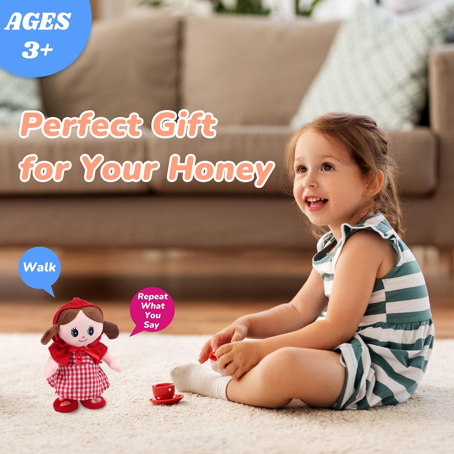 Hopearl Talking Singing Doll Repeats What You Say Girl Walking Electric Interactive Animated Toy Speaking Plush Buddy Gifts for Toddlers, Red, 8''