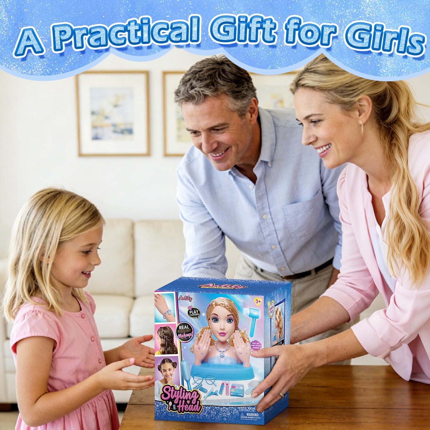 Blonde Hair Styling Doll Head 10.5” with Washable Makeup Set, 3-in-1 Styling Head Toy with 20+ Accessories, Pretend Hair Salon Playset for Girl, Birthday Gifts for Girls Ages 3 4 5 6 7 8+