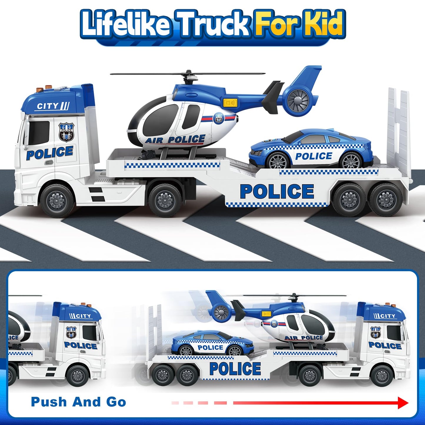Kids Toys for 3 4 5 6 7 8 Years Old Boys, 25" Police Truck Toy with Racing Car and Helicopter, Toddler Friction Powered Truck Vehicle Toy with Lights, Sounds for Boys Girls Christmas Birthday Gifts