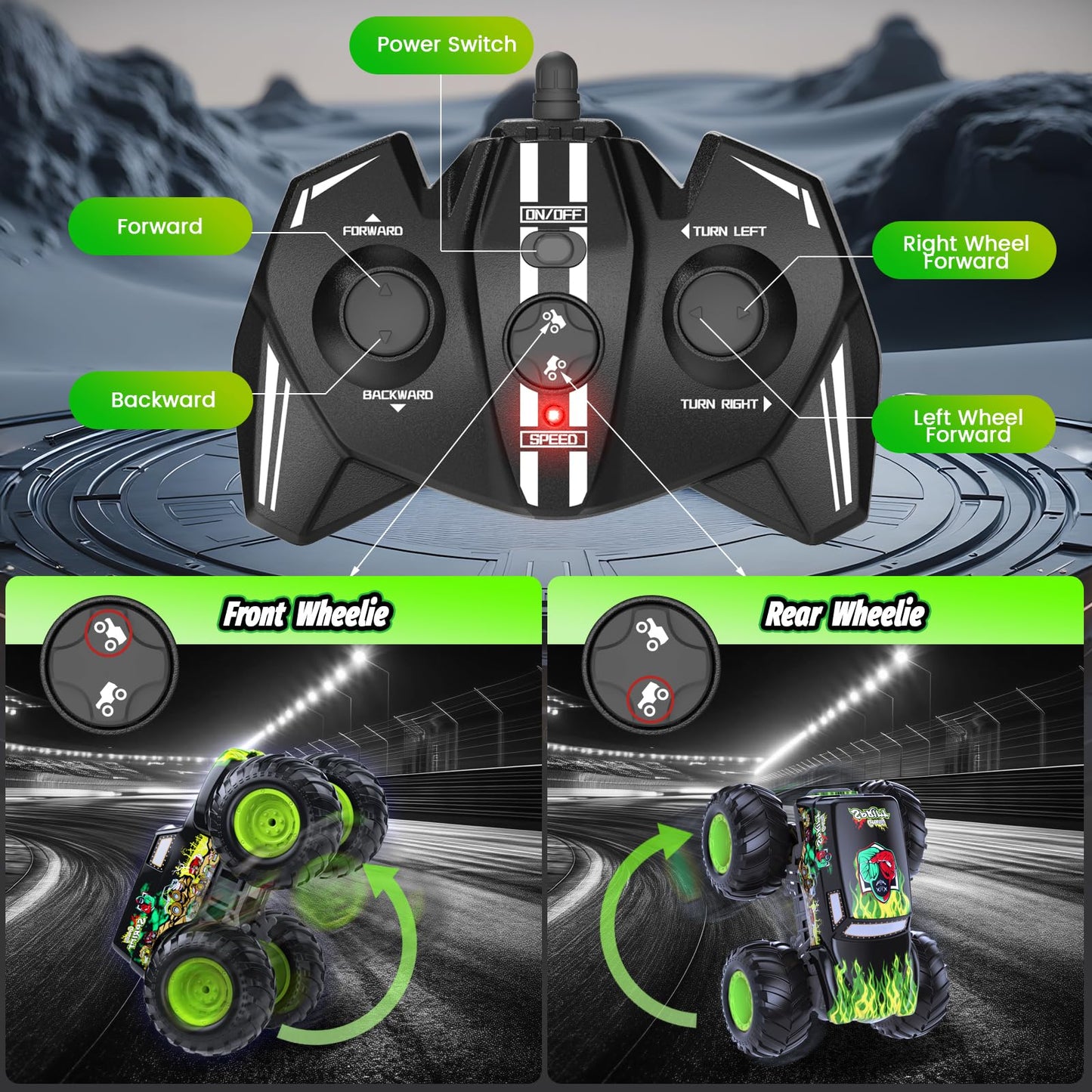 LAZZAROU Amphibious Remote Control Monster Truck for Kids, Self-Balancing 4WD Stunt RC Truck with Wheelie Action, Waterproof All-Terrain Off-Road Big Tire Toy Car for Boys Girls Ages 6–12, Pool Gift