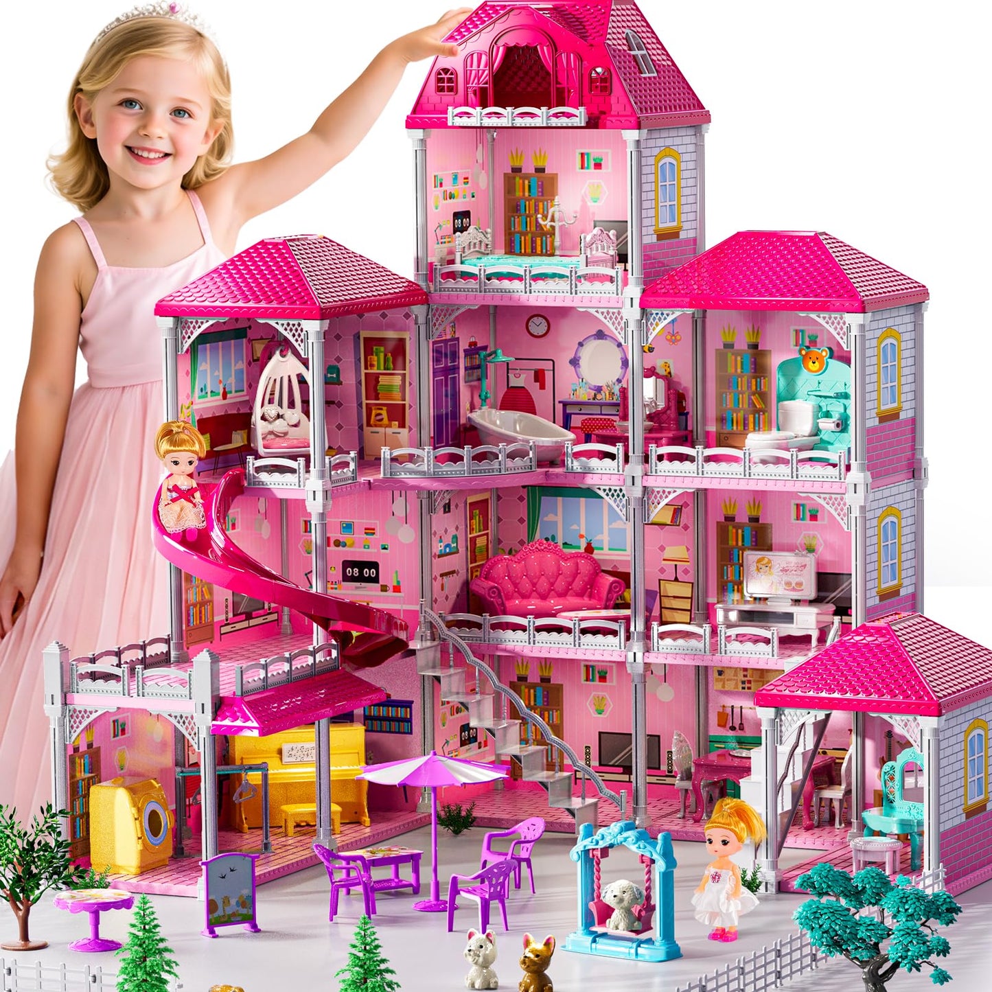 JUKUDAHU Villa Playset for Girls Ages 3-7, 4-Story 12 Room House with 2 Dolls, Furniture and Accessories, Indoor Playset Girls Toys for Ages 6-8, Pretend Toddler Toy, Birthday Gifts for Kids 4-8
