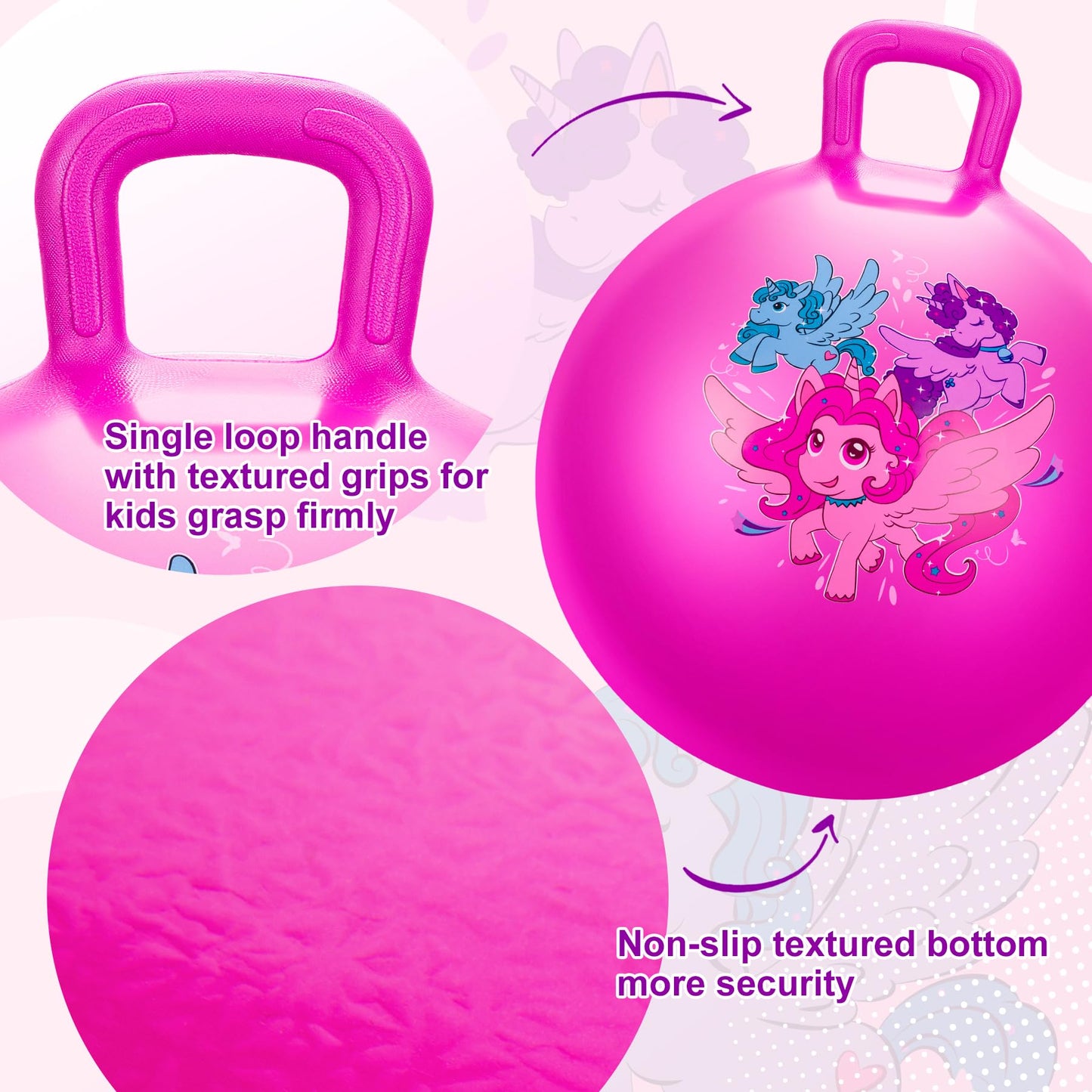 ZOOJOY Hopper Ball for Kids, 18 Inch Bouncy Ball with Handle, Pink Unicorn Balance Girls Toys for Indoor Outdoor Acitve Play with Pump, Inflatable Birthday Gifts for Girls Boys 3-8 Yr Old