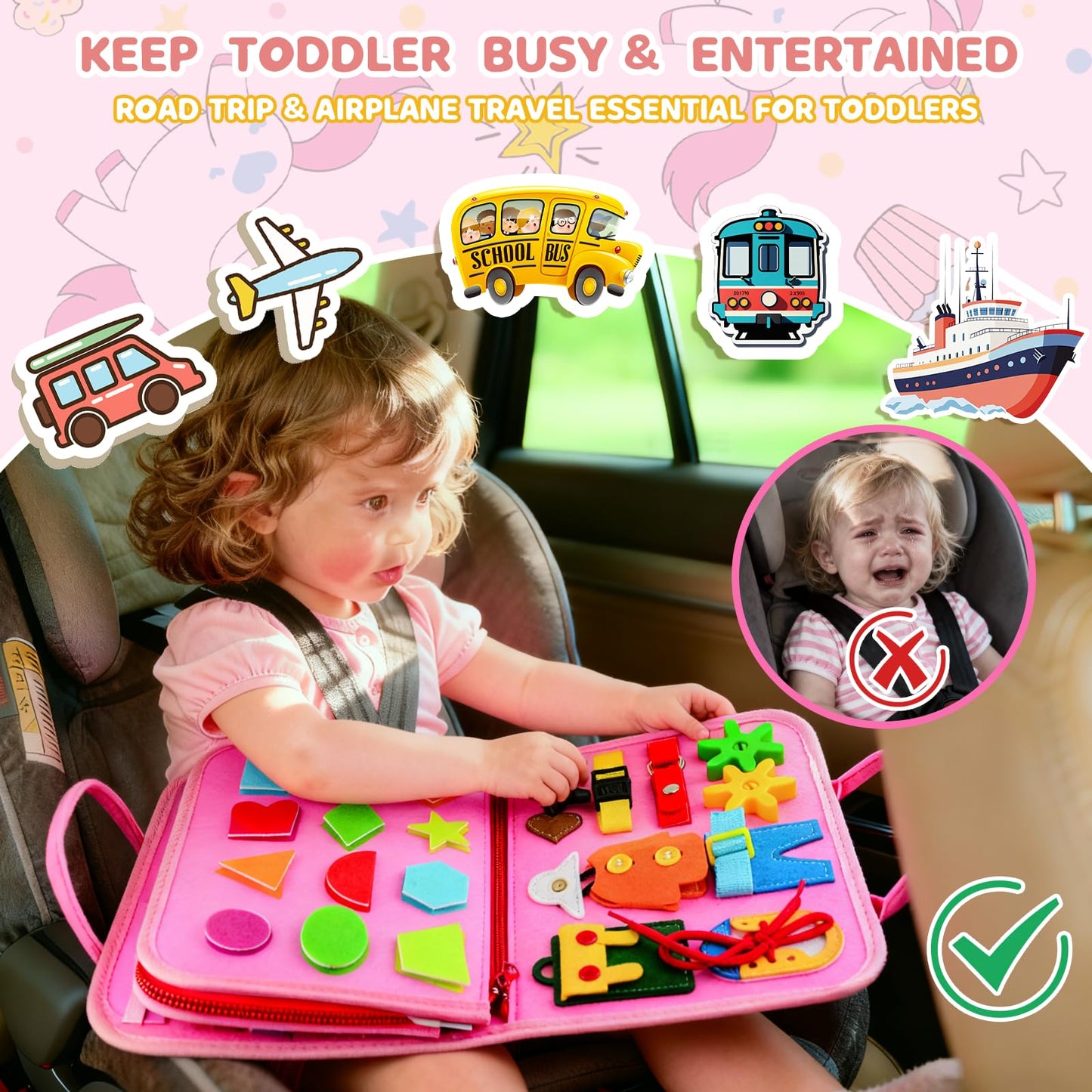 Toddler Busy Board Montessori Toys for Toddler 1-3 Year Old, Girl Birthday Gift, Preschool Educational Montessori Busy Book Board, Felt Sensory Activity Board Sorting Toy Age 2-4 with Fine Motor Skill