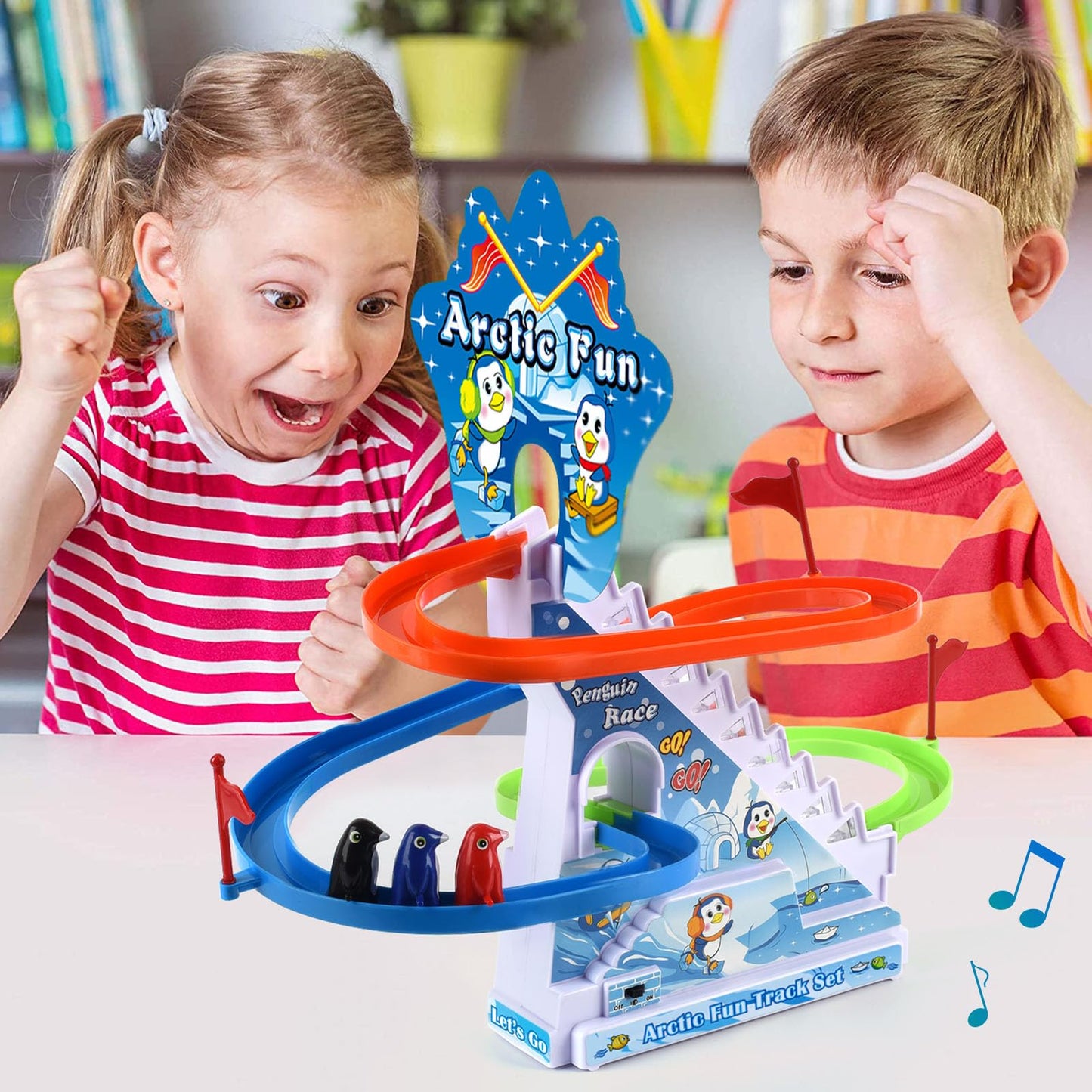 Arctic Fun Penguin Slide Toy Set: Playful Stair Climbing Penguins with Sliding Tracks, Music On/Off Switch for Quiet Play | Interactive Penguin Toy for Kids Toddlers Boys & Girls