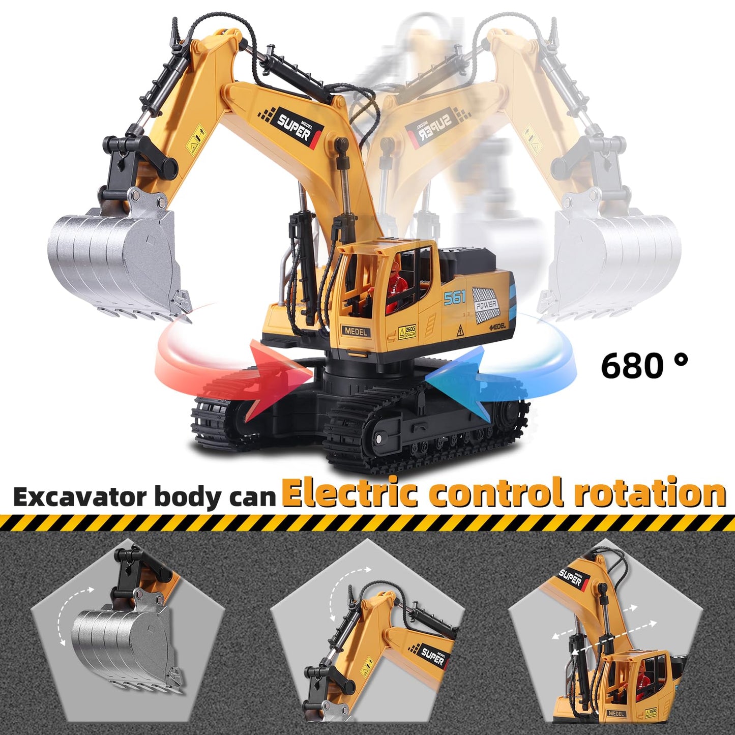 ViRockSign Remote Control Excavator Toys for Boys,16 Channel RC Excavator Construction Toys with Metal Shovel & Light,Simulated Smoke,Christmas Birthday Gift Toy for Boys 3-5 4-7 8-12 Year Old Kids