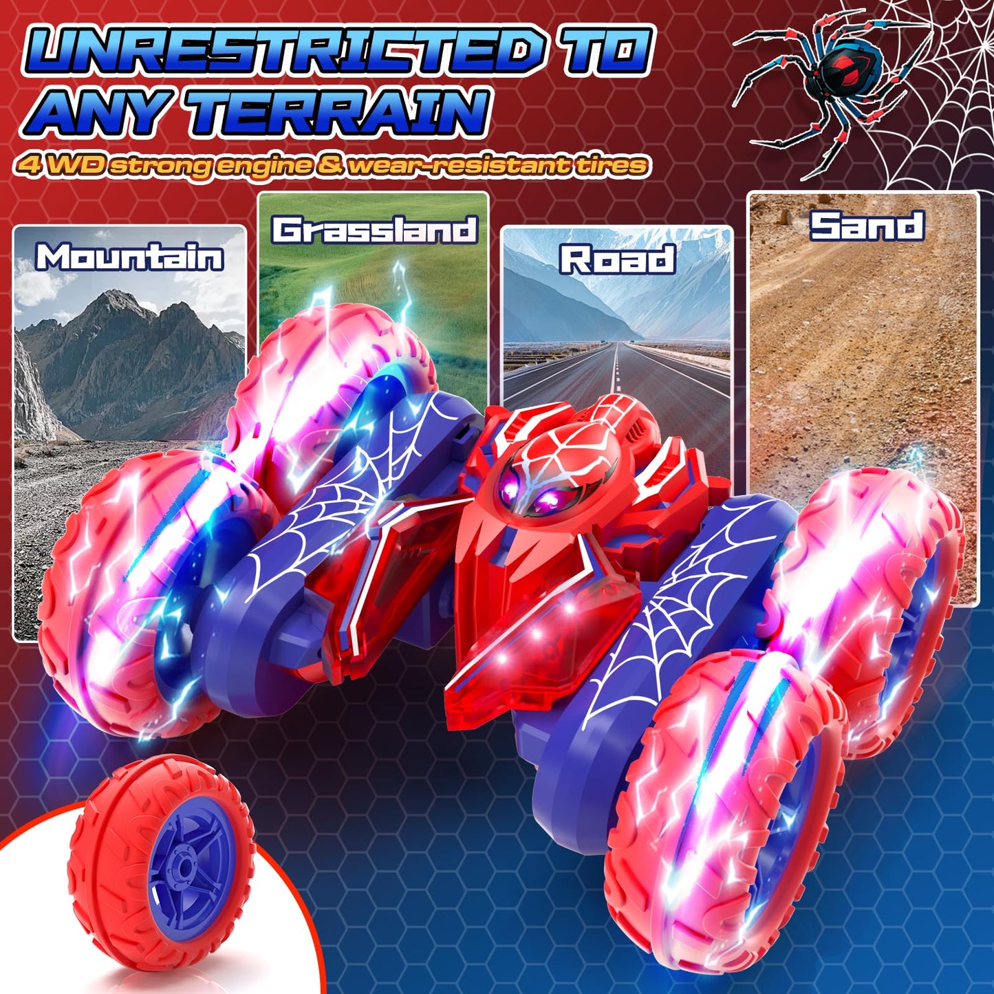 SOGAWEBB Spider Remote Control Cars for Boys 4-7, 360° Spinning RC Stunt Car with 2 Batteries Cool Lights Toys Birthday Gift for Boys 4 5 6 7 8 9 10 11 12 Year Old