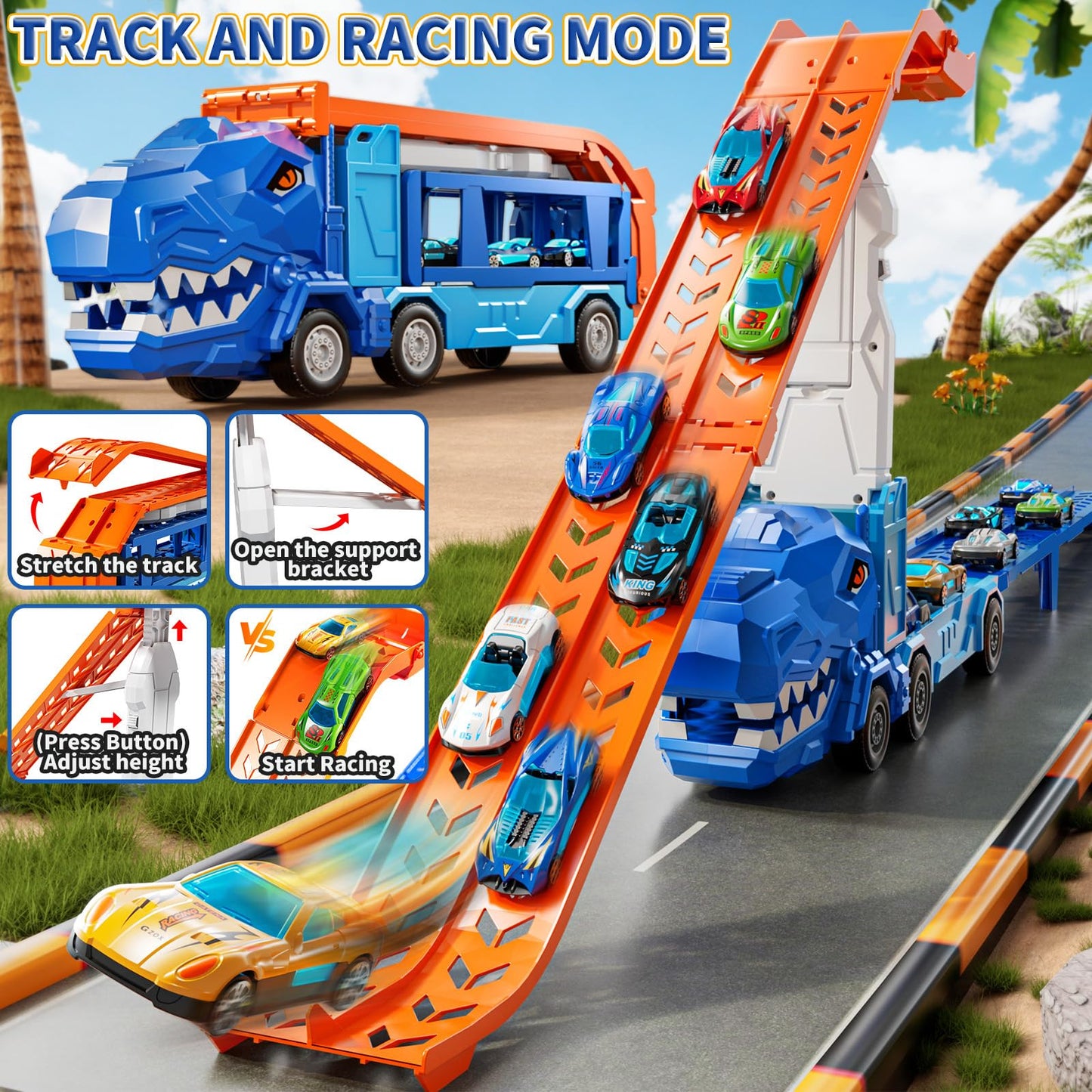 GYYCKTD Race Track Truck Toys for 3 4 5 6 7 8 Years Old Boys, Carrier Vehicle Playset with 12 Die-Cast Racing Car Toys, 2-Tier Storage, Car Ramps, Birthday Gifts for Toddlers Kids Girls Age 3-5 4-8