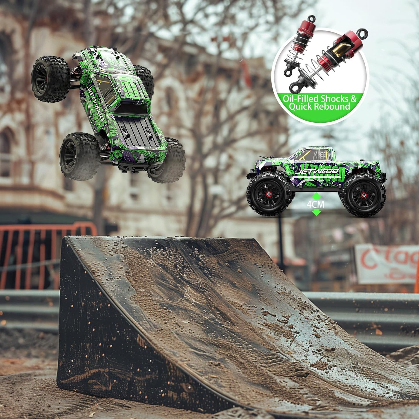 Jetwood 1/16 RC Car for Boys and Adults, 38kph 4WD Ready to Run Hobby RC Truck with 2 Batteries, Off Road Remote Control Monster Truck Gifts for Kids, JC16W