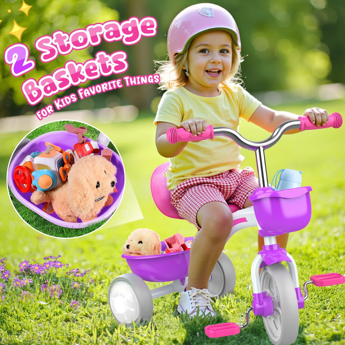 Kkdi Toddler Tricycle for 1-3 3-5 Year Olds, 2 3 4 5 Year Old Girl Birthday Gifts, Purple Toddler Baby Bike, 4-Level Adjustable Seat, 3 Color Light Wheels, 2 Baskets, Outdoor Riding Toys for Ages 2-4