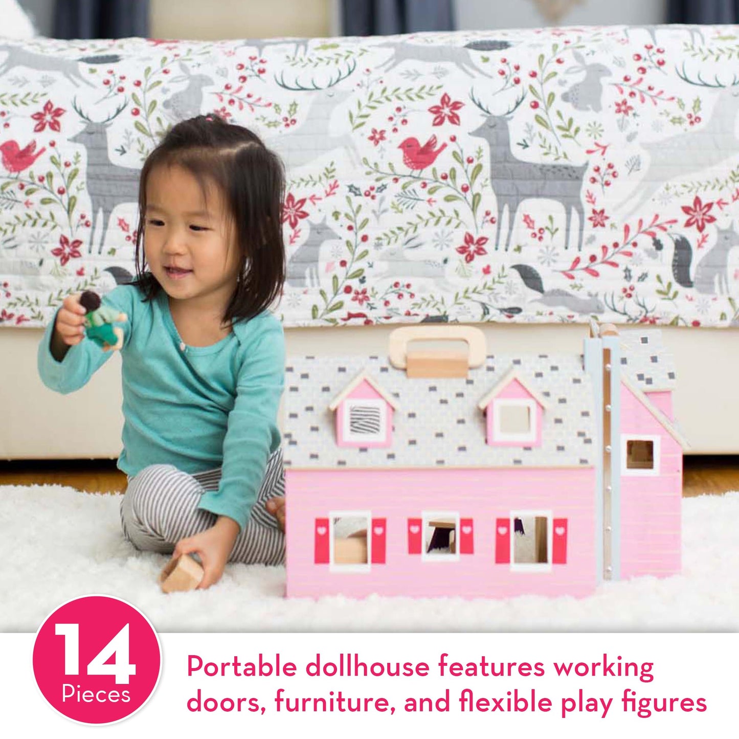Melissa & Doug Fold & Go Wooden Dollhouse with 2 Dolls and 11 Pieces of Furniture - Portable Mini Doll House with Accessories and Toy Figures, Ages 3+