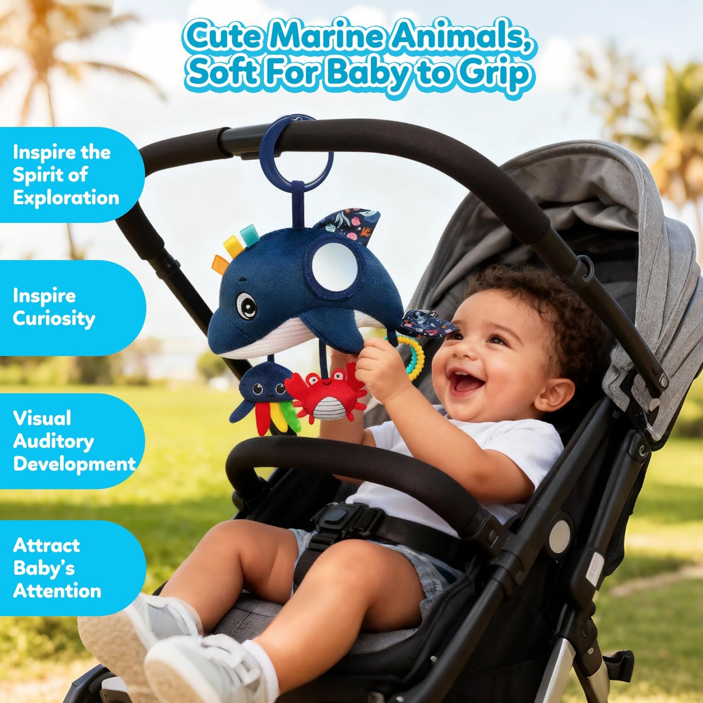 TSYAN Car Seat Toys for Babies 0-12 Months,Hanging Baby Activity Toy for Car seat,Stroller,Crib & Gym,Infant Plush Rattle with Mirror, Crinkle, Clip-On for Boys & Girls