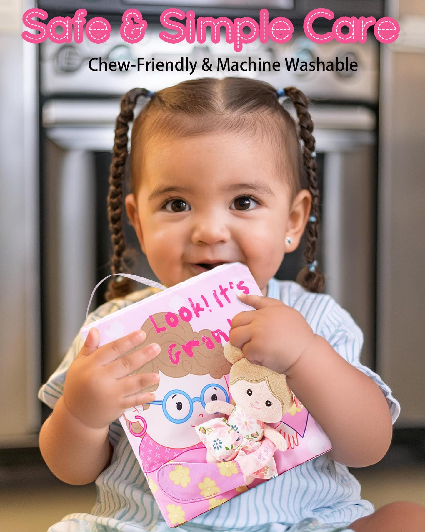 LeyaDoll Interactive Sensory Soft Cloth Book, Educational Crinkle Quiet Activity Busy Book for Babies,Toddler Travel Toy Gift for 1-3 Year Old Boys and Girls-(Look Its Grandma)-Light