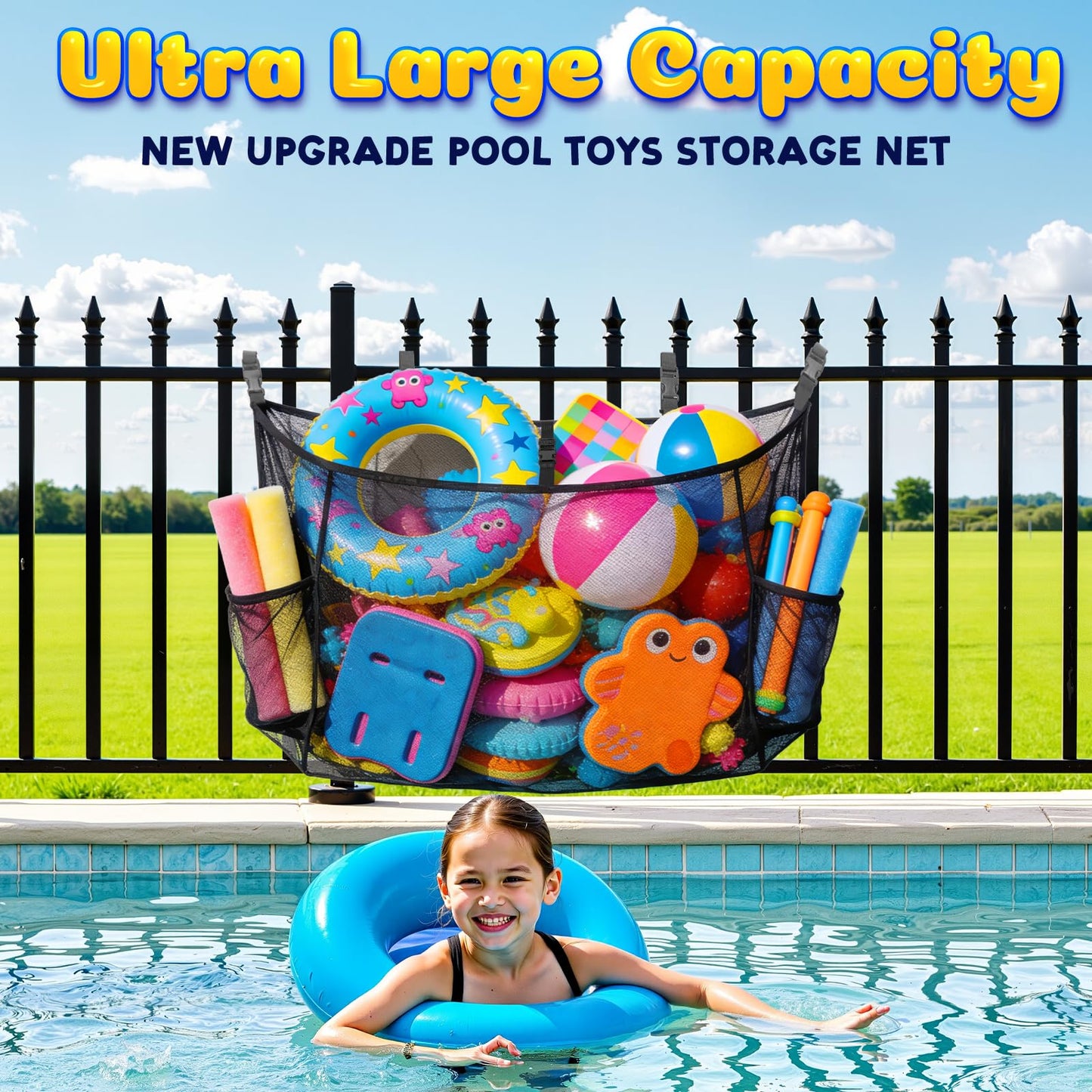Nigelia Extra Large Hanging Pool Float Storage Net Bag, Elastic Mesh Pool Float Holder Storage Rack with 5 Buckle Webbing, Poolside Organizer for Floats, Balls, Water Inflatable Toys Rafts