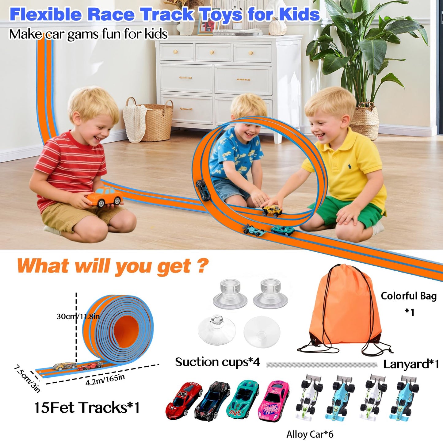 Flexible Car Track for Kids: 15 Ft of Portable Roll-Up DIY Flexible Race Track with 8 Cars & 4 Strong Suction Cups Car Ramp Toy Track, – A Great Birthday for Boys & Girls Ages 3+ (Orange-Blue)
