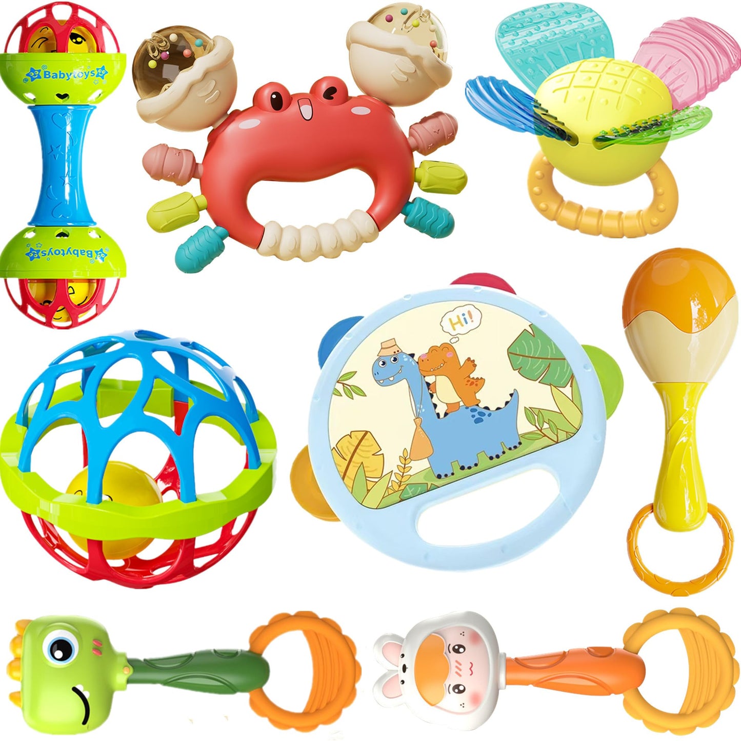 HAOHAOSHUA 8pcs Baby Rattles Toys Set for 3+ Months,Easy-Grasp Ball,Plastic Ringdrum,Barbell Rattles,Shakers and Teethers,BPA-Free,Lightweight,Unisex,Baby Gift