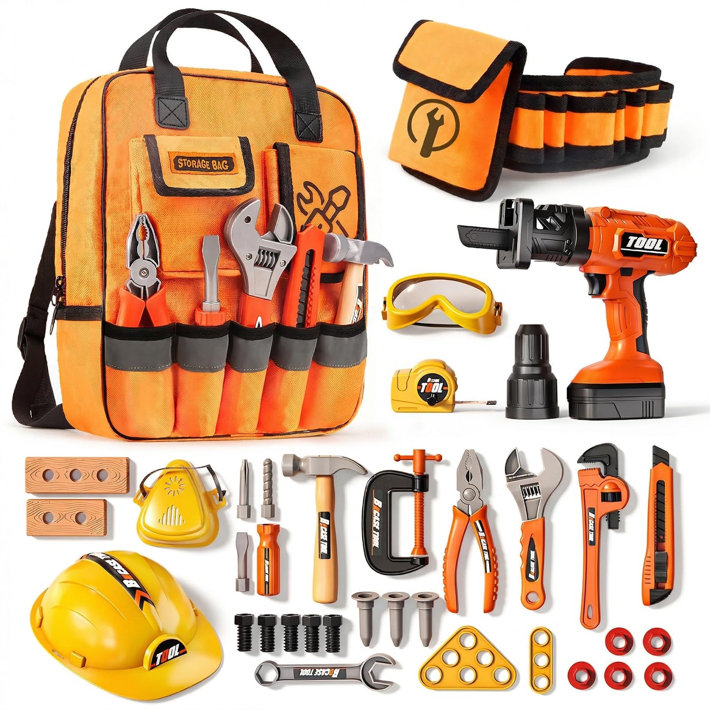Eohemeral 36Pcs Kids Tool Set, Toddler Tool Construction Toys with Belt & Electronic Drill for Boys Girls 3-5, Sturdy Tool Bag Suitable for Outdoor Use