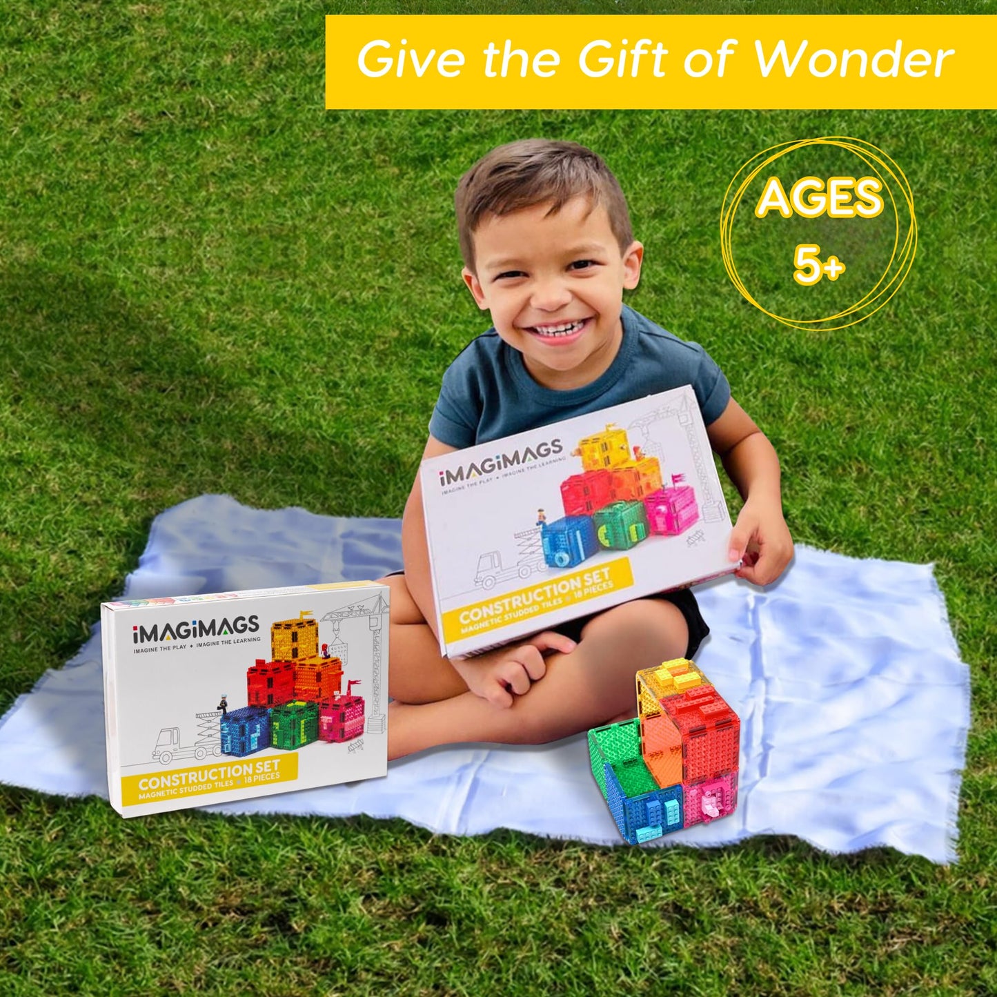 Imagimags Studded Magnetic Tiles Construction Set – Building Brick Compatible Expansion Pack (18 Pieces) – Connects Magnetic Tiles to Small Building Bricks – Kids 5+
