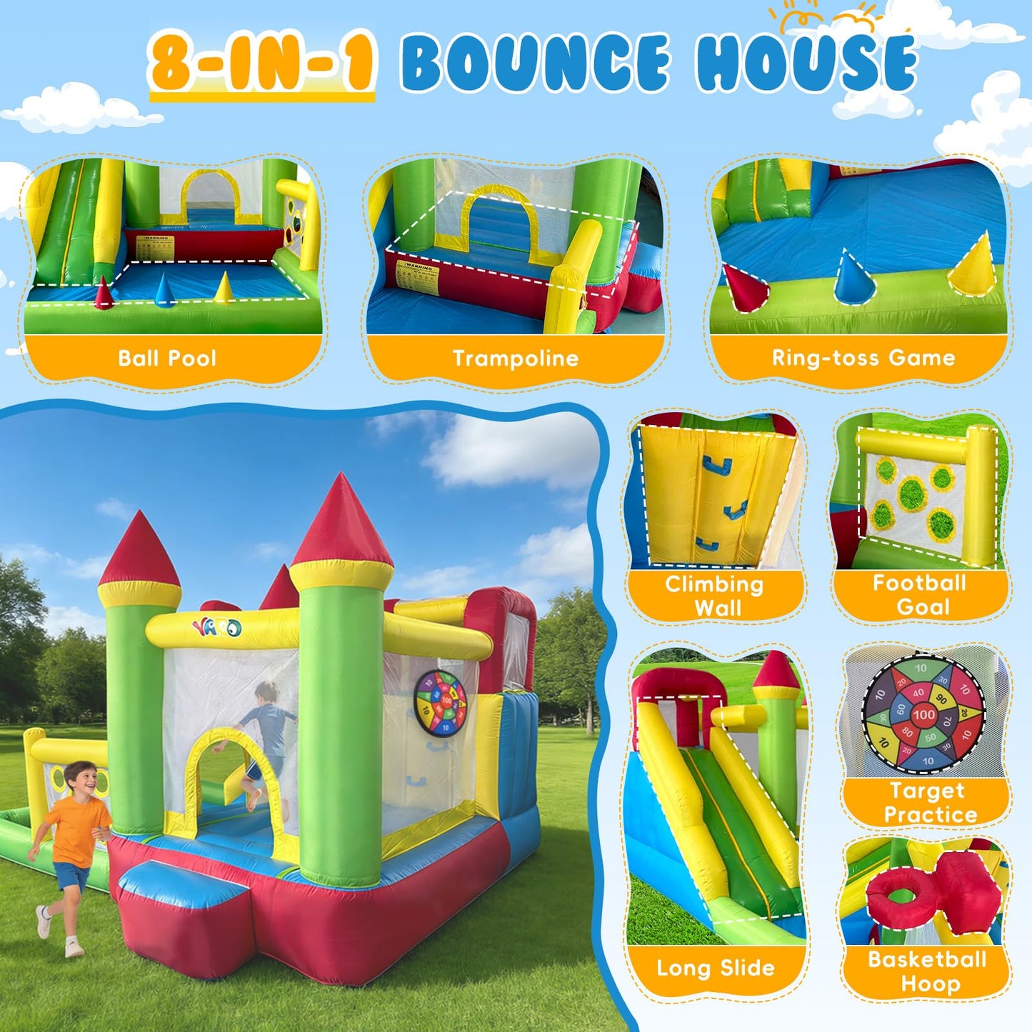 YARD Bounce House for Kids 3-6, 8-in-1 Inflatable Bouncy Castle with Slide, Blower, Ball Pit, Climb Wall, 12x13x8.5FT Jump House for Big Toddlers for Indoor & Outdoor Backyard Party Family Gathering