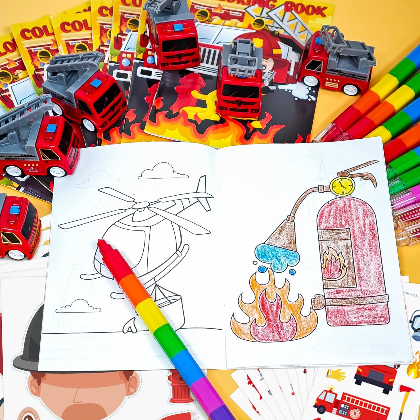 Cinrobiye 72 PCS Firefighter Coloring Books Party Favors Set Fireman Party Favors Goodie Bag Fillers Fire Truck Birthday Party Supplies DIY Stickers Tattoos Prizes Art Crafts for Home Classroom