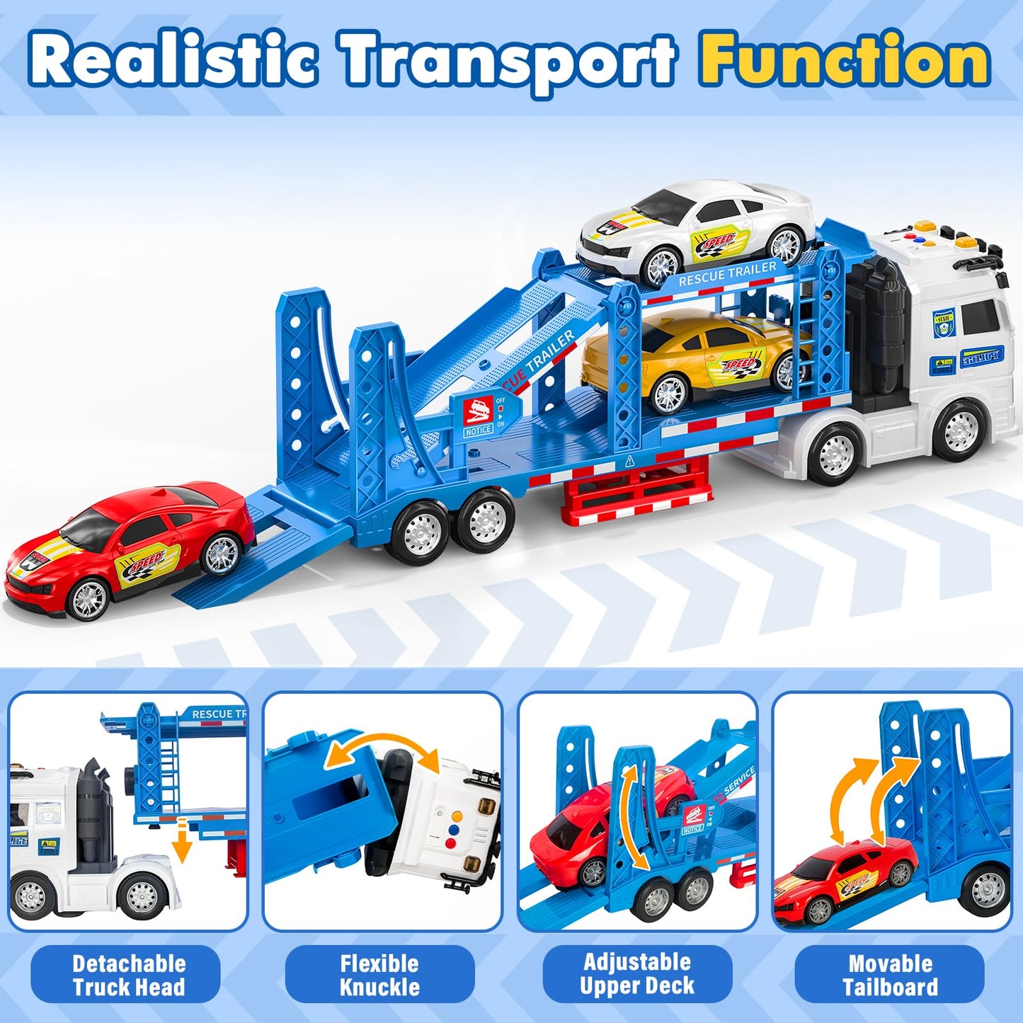 Toddler Boy Toys for 3 4 5 6 7 Years Kids, 21" Double Layer Race Truck Toy with 4 Racing Cars, Friction Powered Vehical Toys with Lights and Sounds, Birthday for Boy Girls-Blue