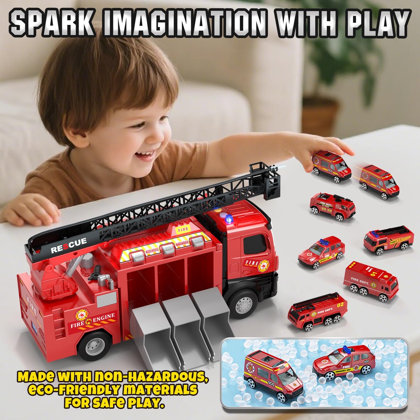 Lehoo Castle Fire Truck Toy for 3 4 5 Years Old Boys, Fire Trucks Playset with Rotating Ladder, Realistic Lights & Sounds, Birthday Gifts for Toddlers 3+