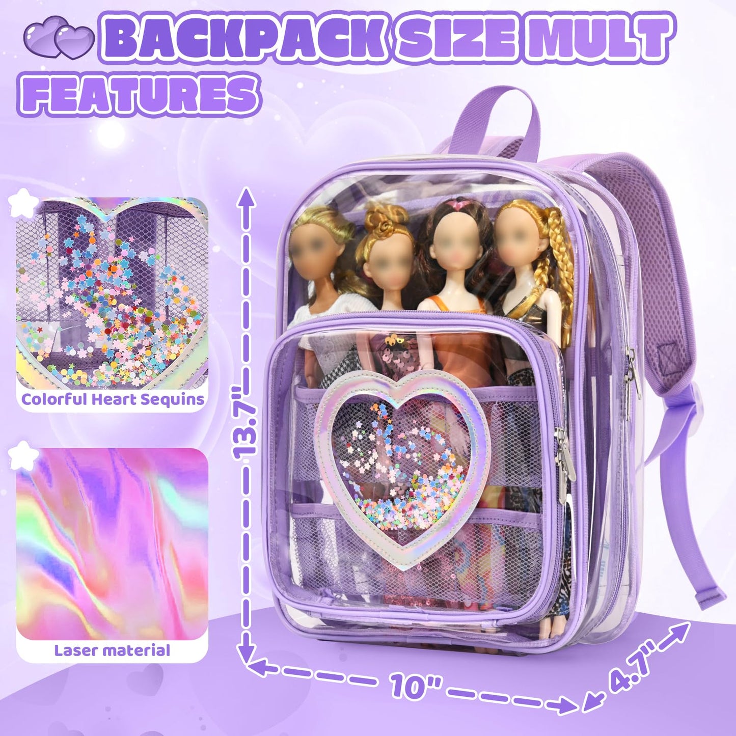 Backpack Compatible with Barbie Dolls 12-Inch, Transparent Storage Box, Barbie Doll Display Holds up to 6 Dolls, Display Pockets for Doll’s Clothes, Accessories, Bag Only (Lavender)