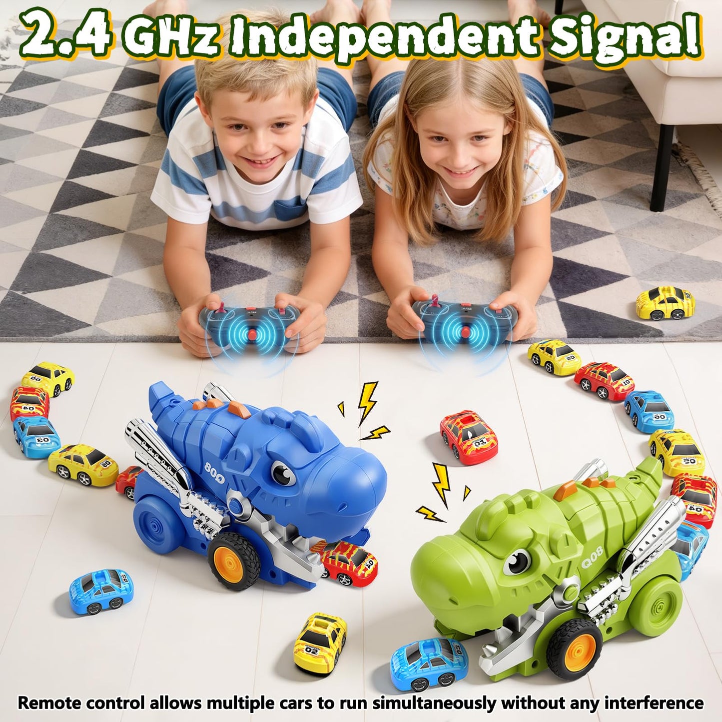 Intoypad Dinosaur Remote Control Car Toys for Kids, 2.4GHz RC Dino Eating Car Toy with 6 Magnetic Cars & Music Dino Truck Birthday Gifts Toys for 3 4 5 6 7 8 9 10 11 12 Year Old Boys Girls (Green)