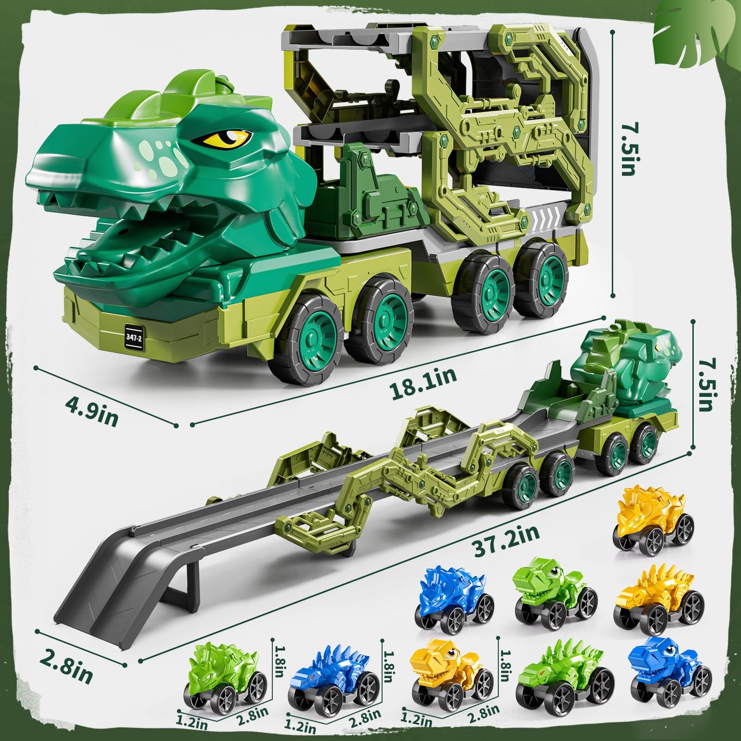 DULONIME 10 in 1 Dinosaur Truck Toys for Kids Aged 3-5 4-8 with Foldable Race Track, Carrier Truck with 9 Dinosaur Toy Car for Boys, Spraying, Light and Sound, Birthday Gifts for Girls Toddlers 5-7