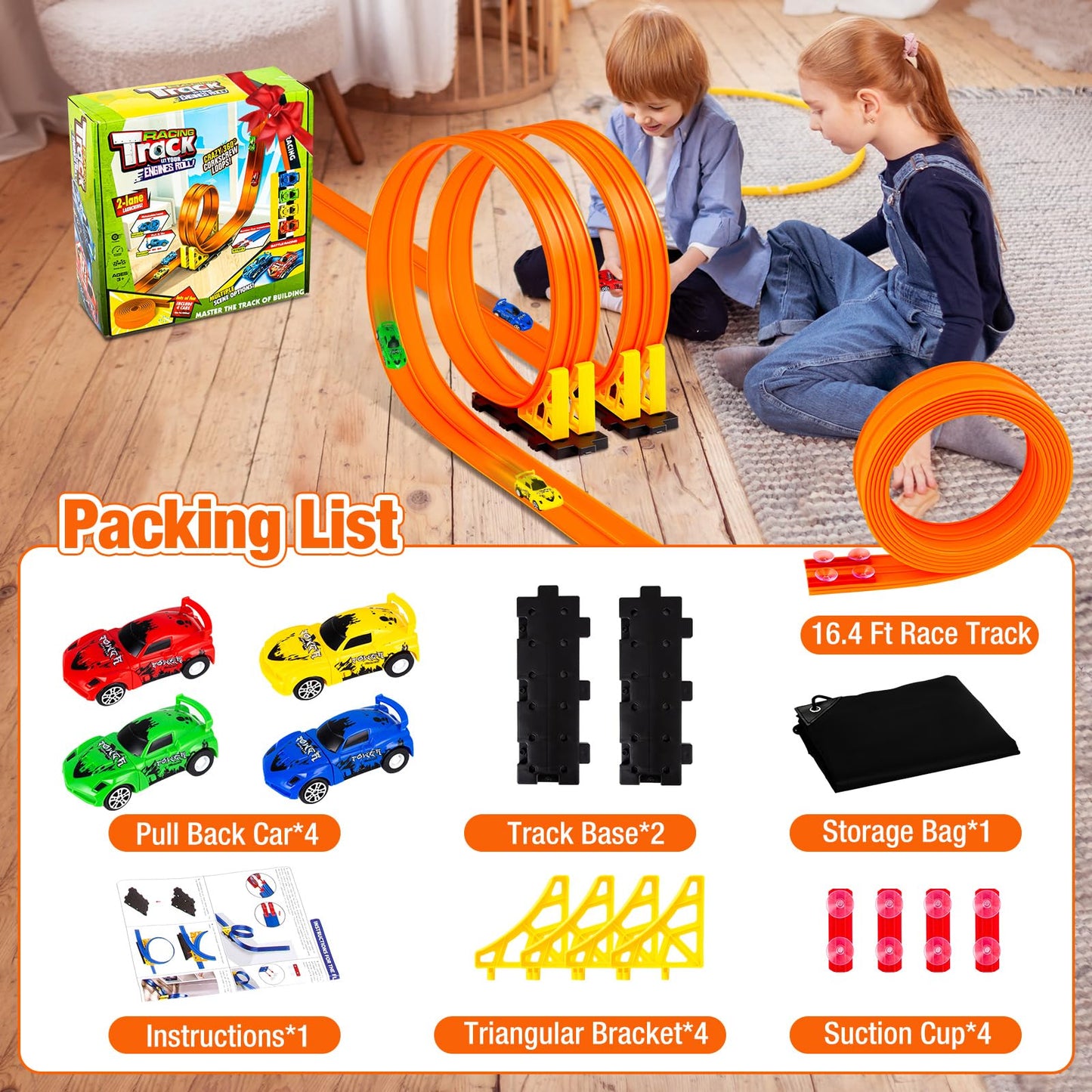 16.4 Ft Flexible Race Track for Kids Outdoor Toys Portable DIY Roll-Up Flex Race Car Track Compatible with Diecast 1/64th Cars Birthday Gifts Easter Basket Stuffers for Kids Boys Girls Ages 3+